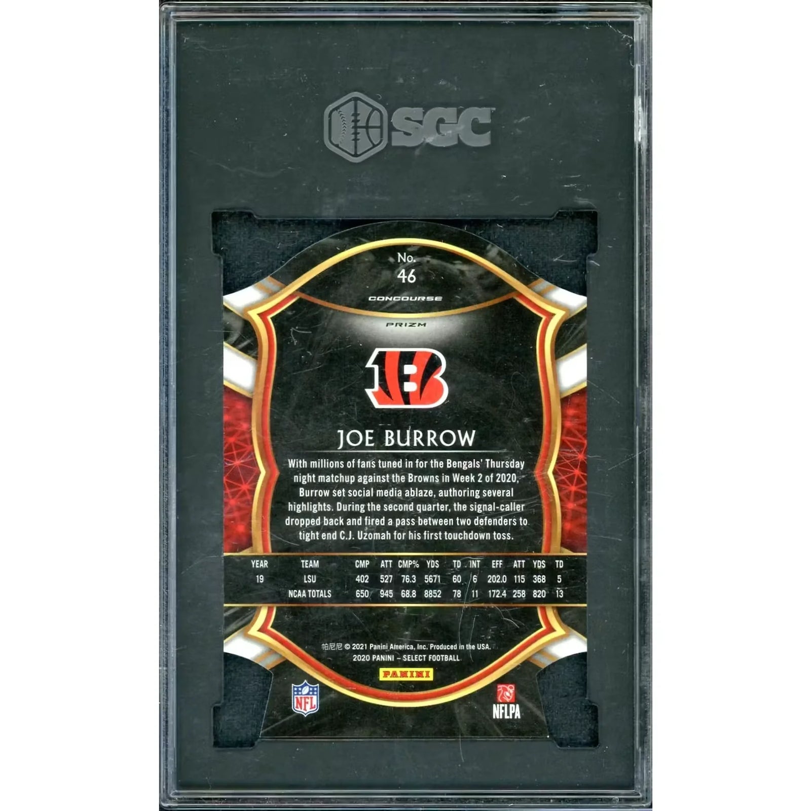 Joe Burrow 2020 Panini Select Zebra Die-Cut Prizm Card | SGC 10