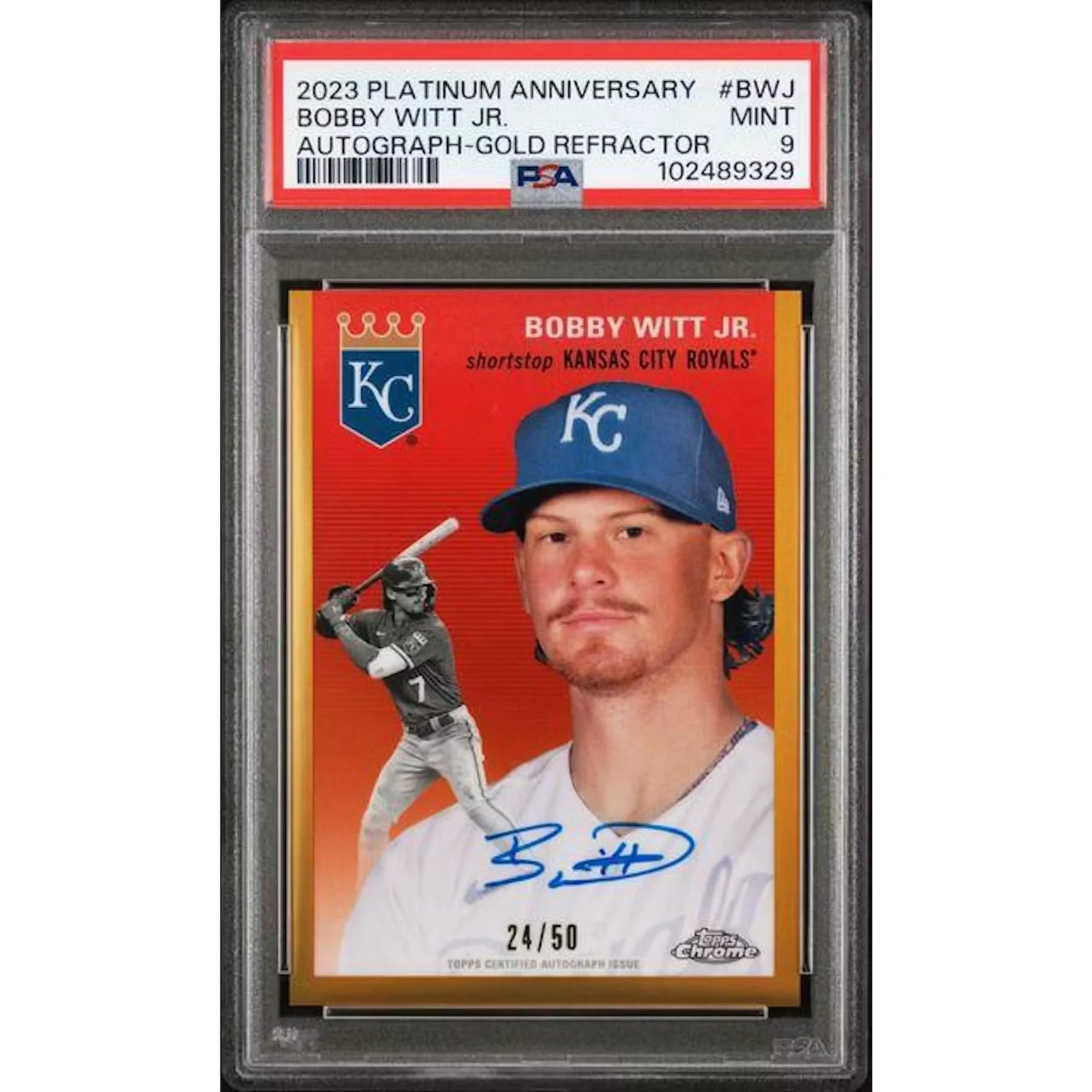 Bobby Witt Jr 2023 Topps Chrome Platinum Anniversary Gold Auto | PSA 9