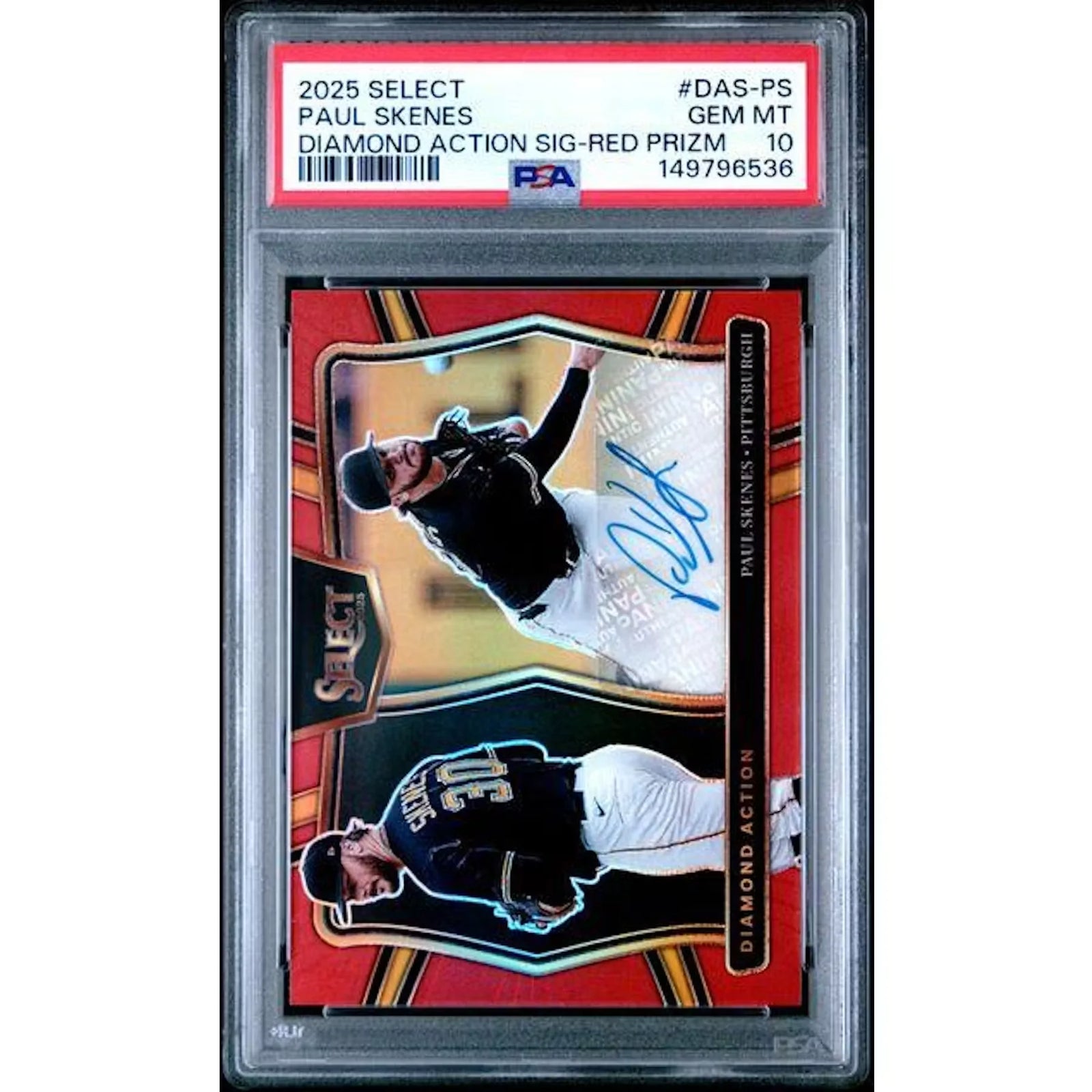 Paul Skenes Signed 2025 Panini Select Diamond Action Red Prizm Card | PSA 10