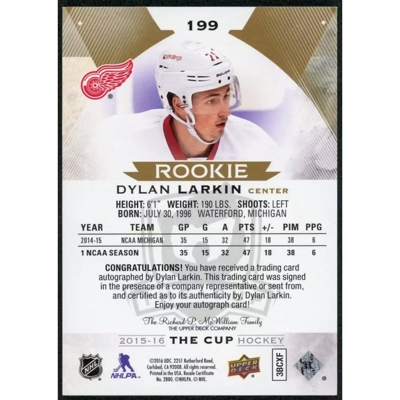 Dylan Larkin Signed 2015-16 UD The Cup Rookie Card | Gold/24