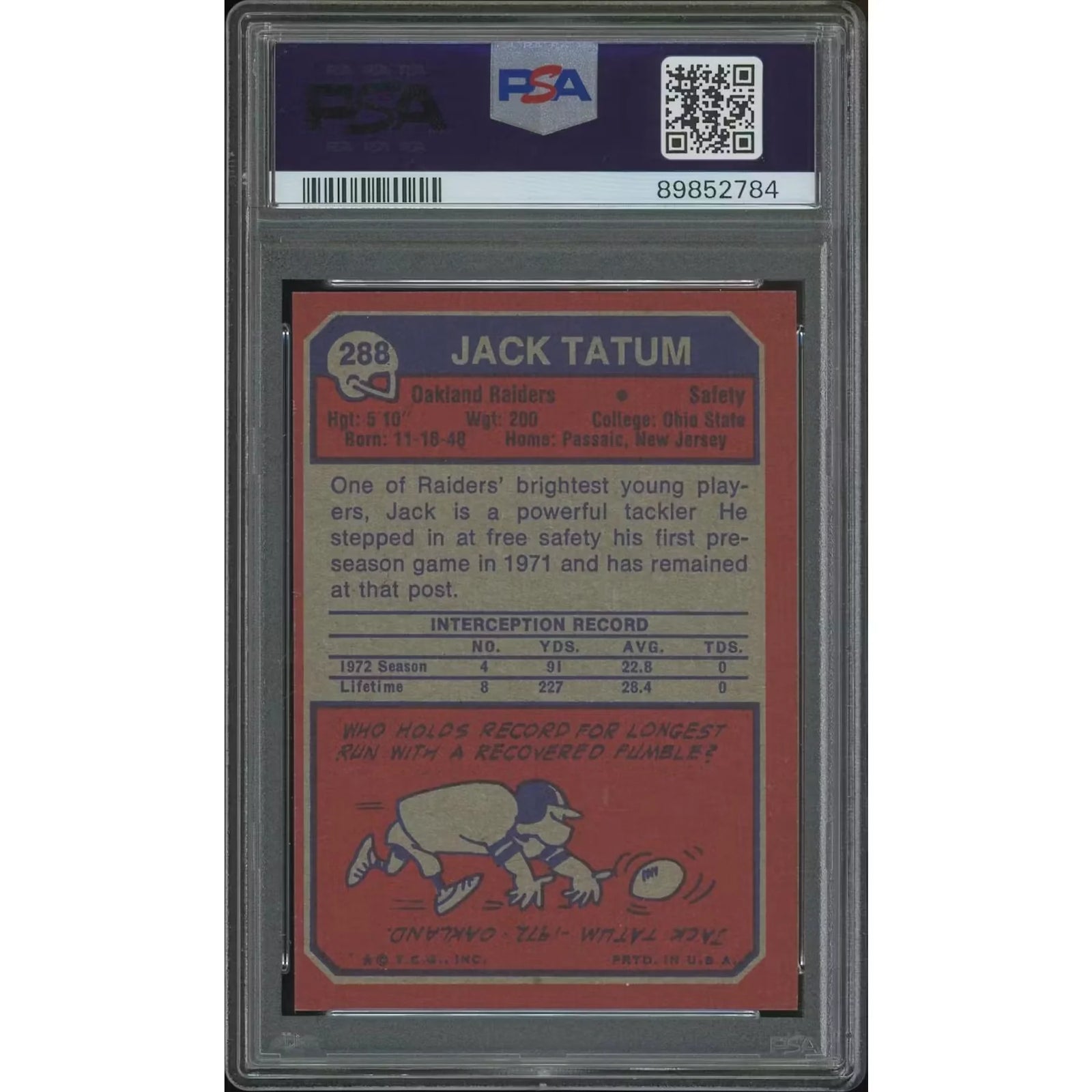 Jack Tatum 1973 Topps Football #288 Rookie Card | PSA 9 Mint