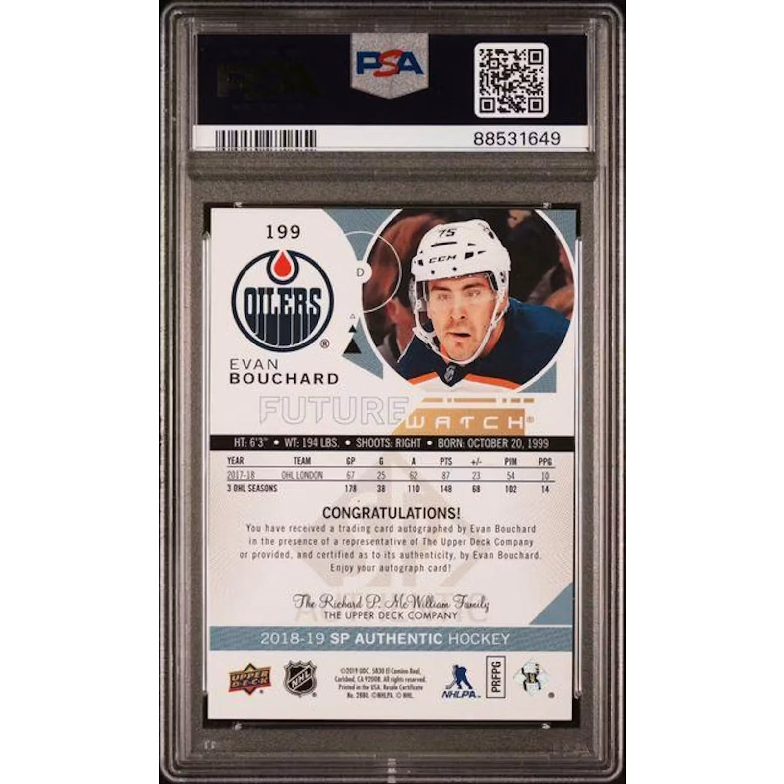 Evan Bouchard Signed 2018 Upper Deck SP Authentic #199 Card | PSA 10