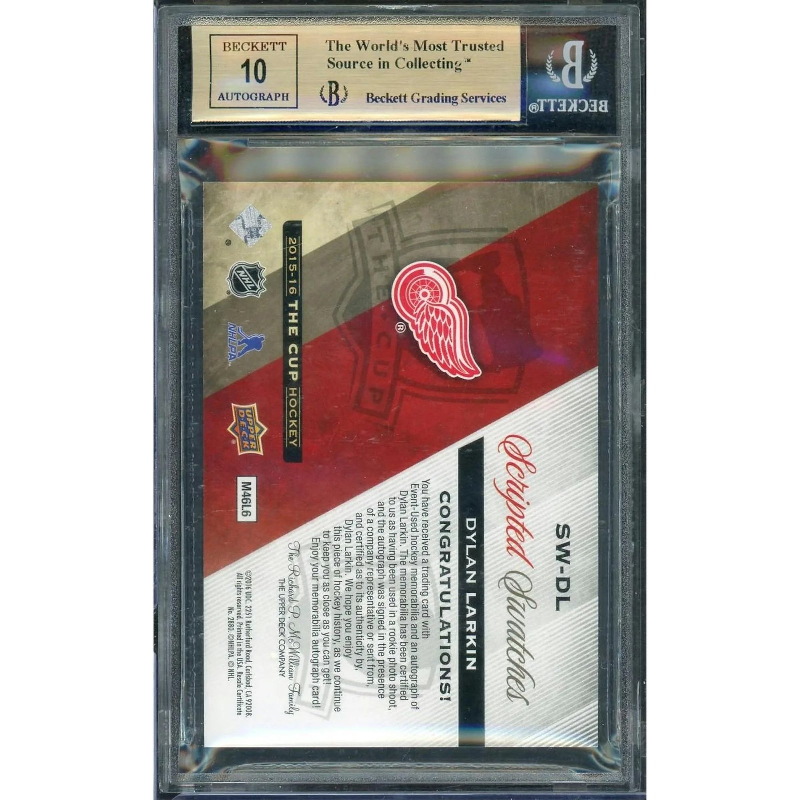 Dylan Larkin 2015-16 UD The Cup Scripted Swatches Rookie Auto Patch | BGS 9.5