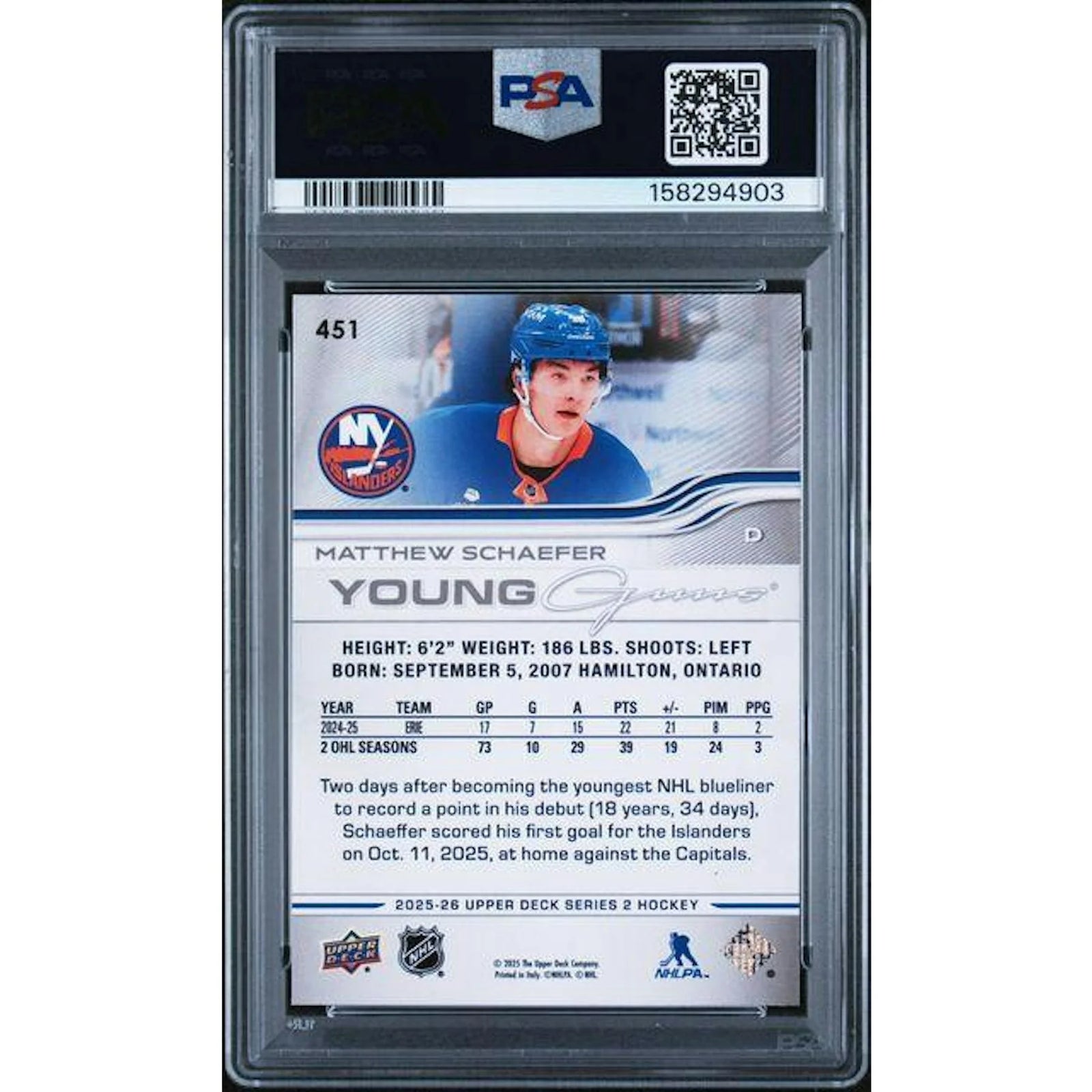 Matthew Schaefer 2025-26 Upper Deck Series 2 Young Guns #451 | PSA 9