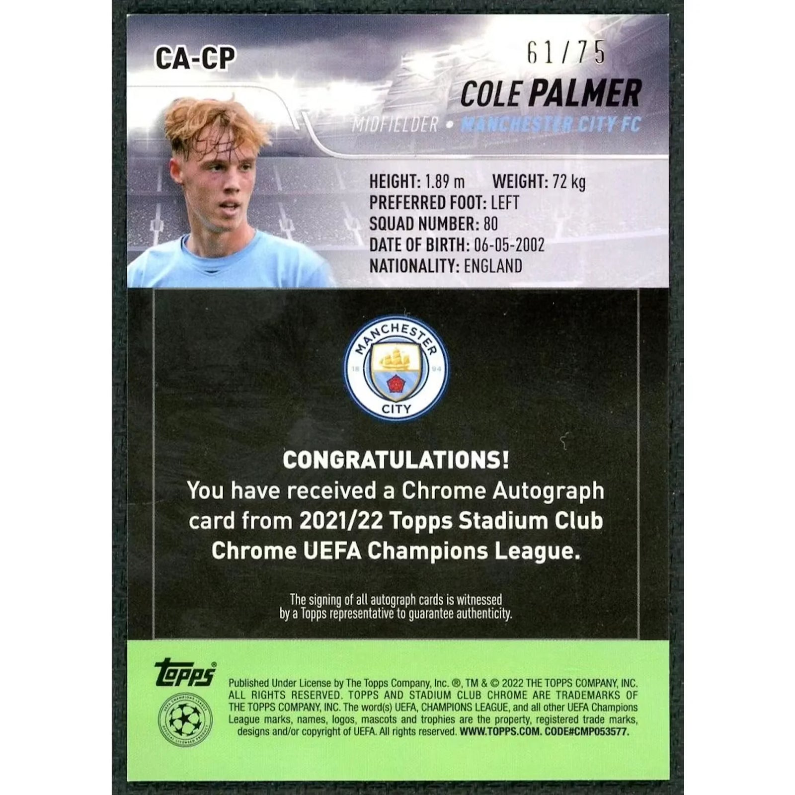 Cole Palmer Signed 2021 Topps Stadium Club Chrome UEFA Champions League Card | Blue Auto/