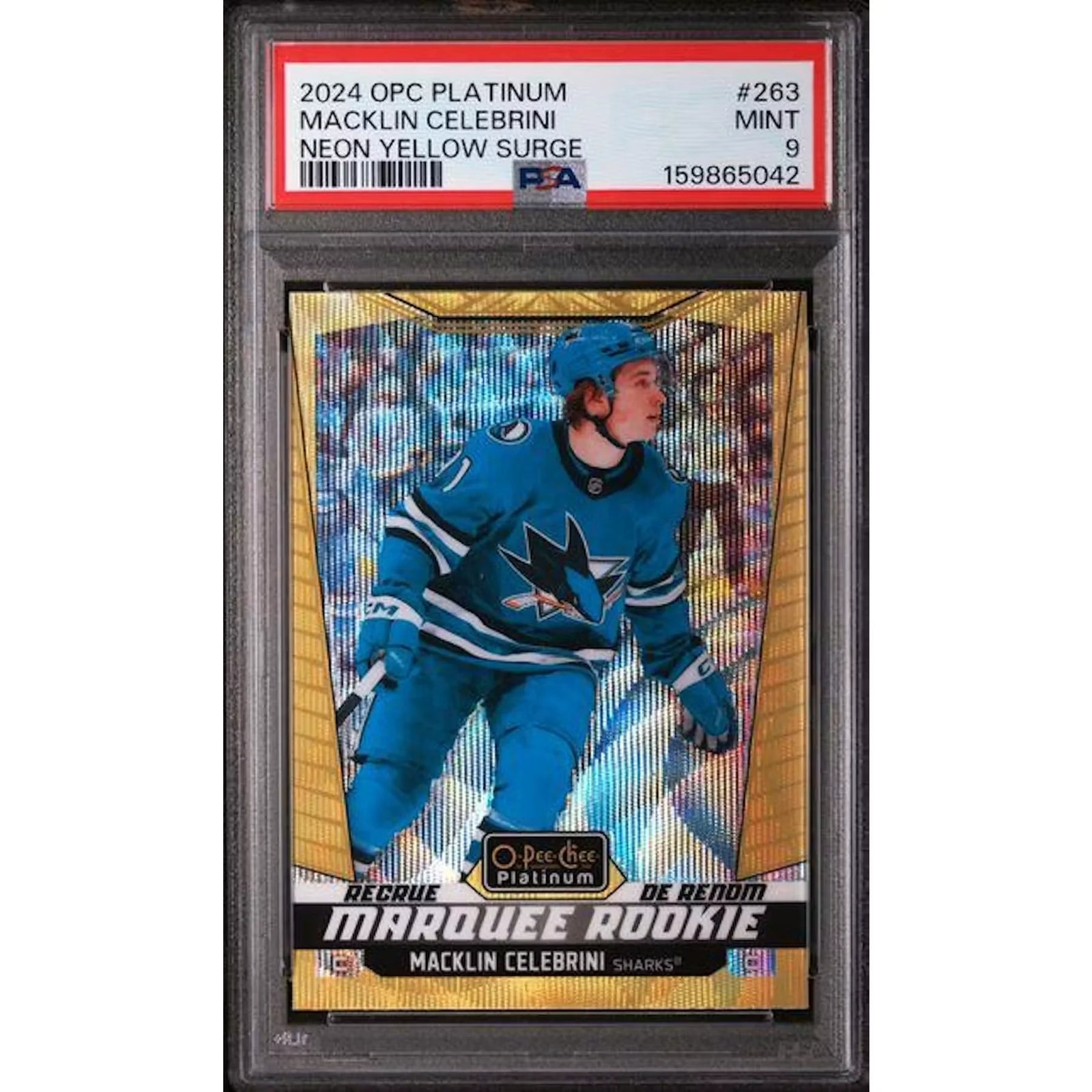 Macklin Celebrini 2024-25 OPC Platinum Rookie Neon Yellow Surge #263 | PSA 9