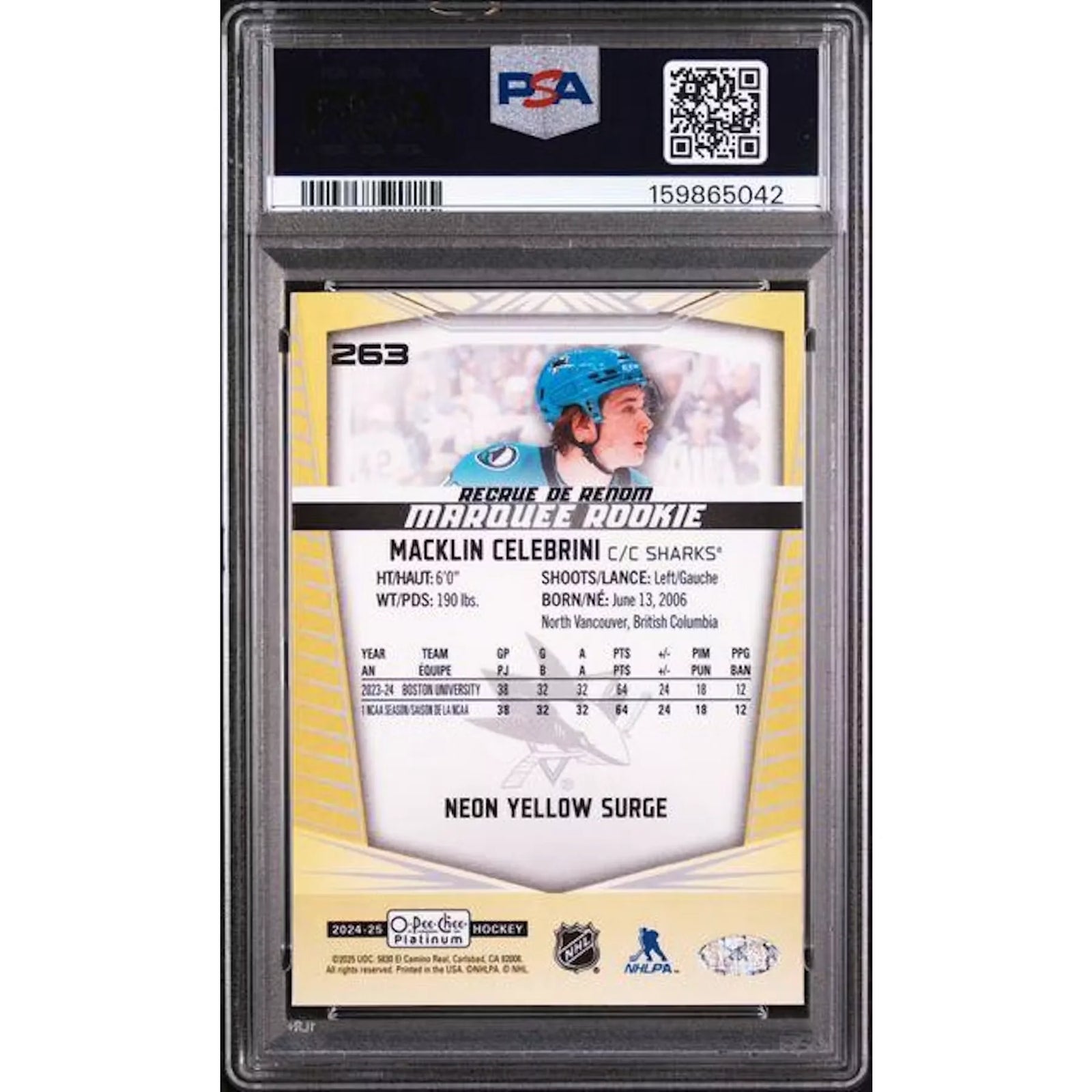 Macklin Celebrini 2024-25 OPC Platinum Rookie Neon Yellow Surge #263 | PSA 9