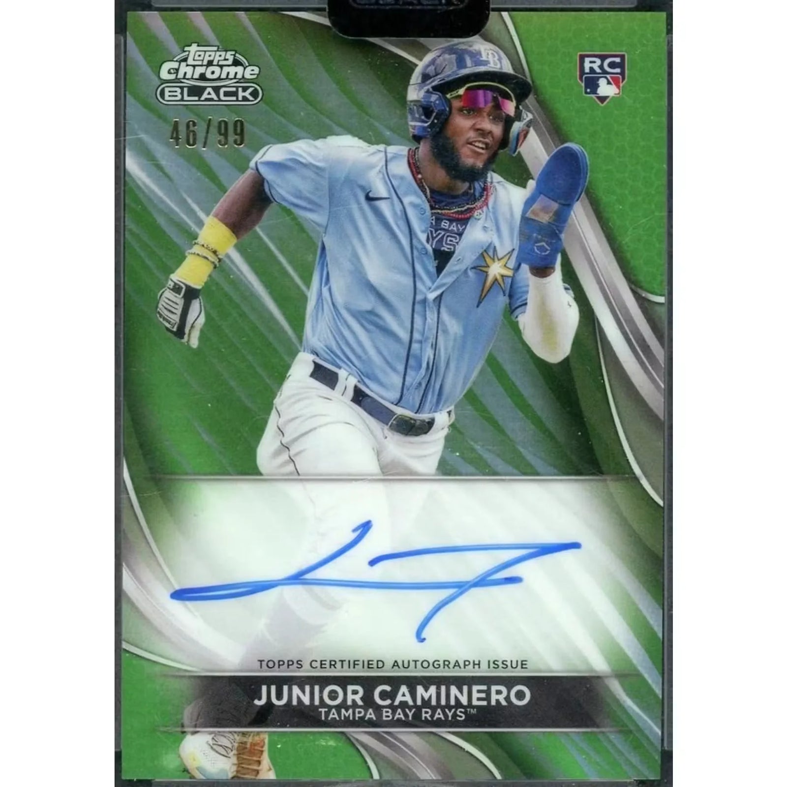 Junior Caminero 2024 Topps Chrome Black Rookie Auto | Green Refractor/99