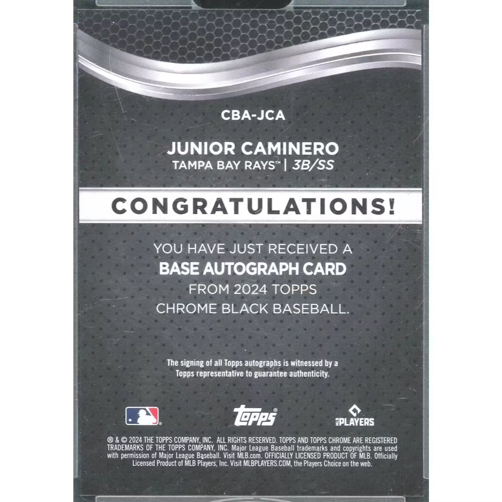 Junior Caminero 2024 Topps Chrome Black Rookie Auto | Green Refractor/99