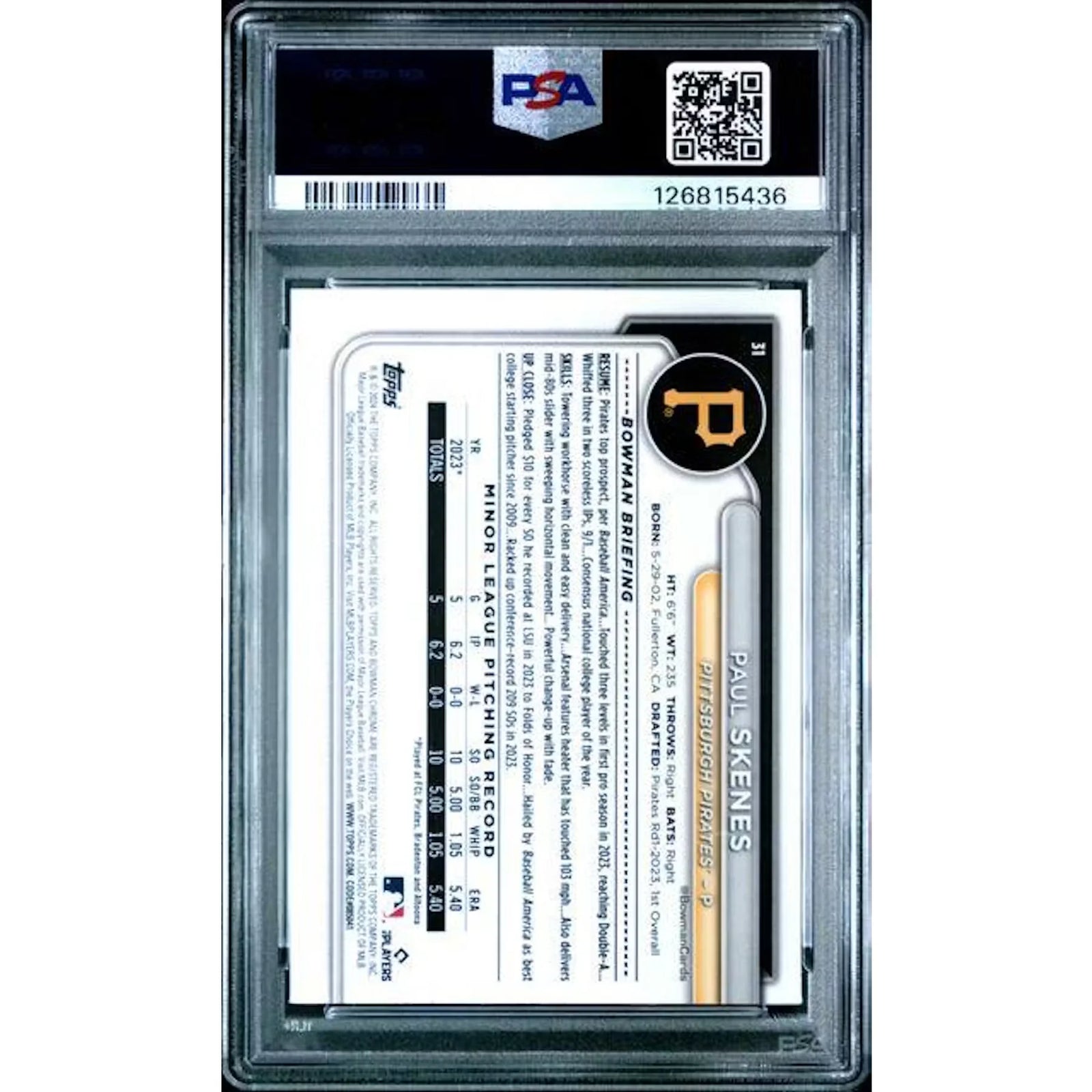 Paul Skenes 2024 Bowman Chrome Sapphire Rookie #31 | PSA 10