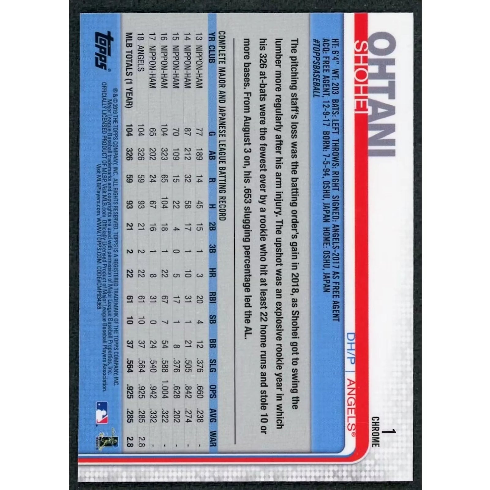 Shohei Ohtani 2019 Topps Chrome Prism Refractor Rookie Cup #1