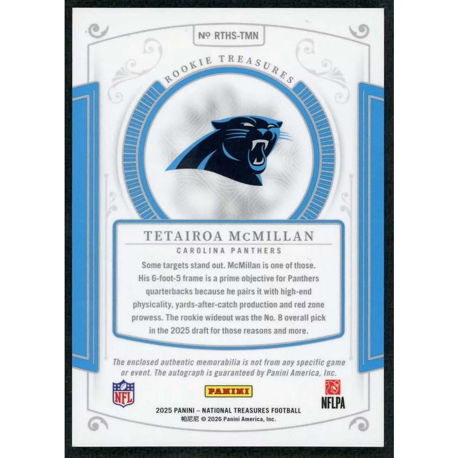 Tetairoa McMillan 2025 Panini National Treasures Rookie Patch Auto |/25