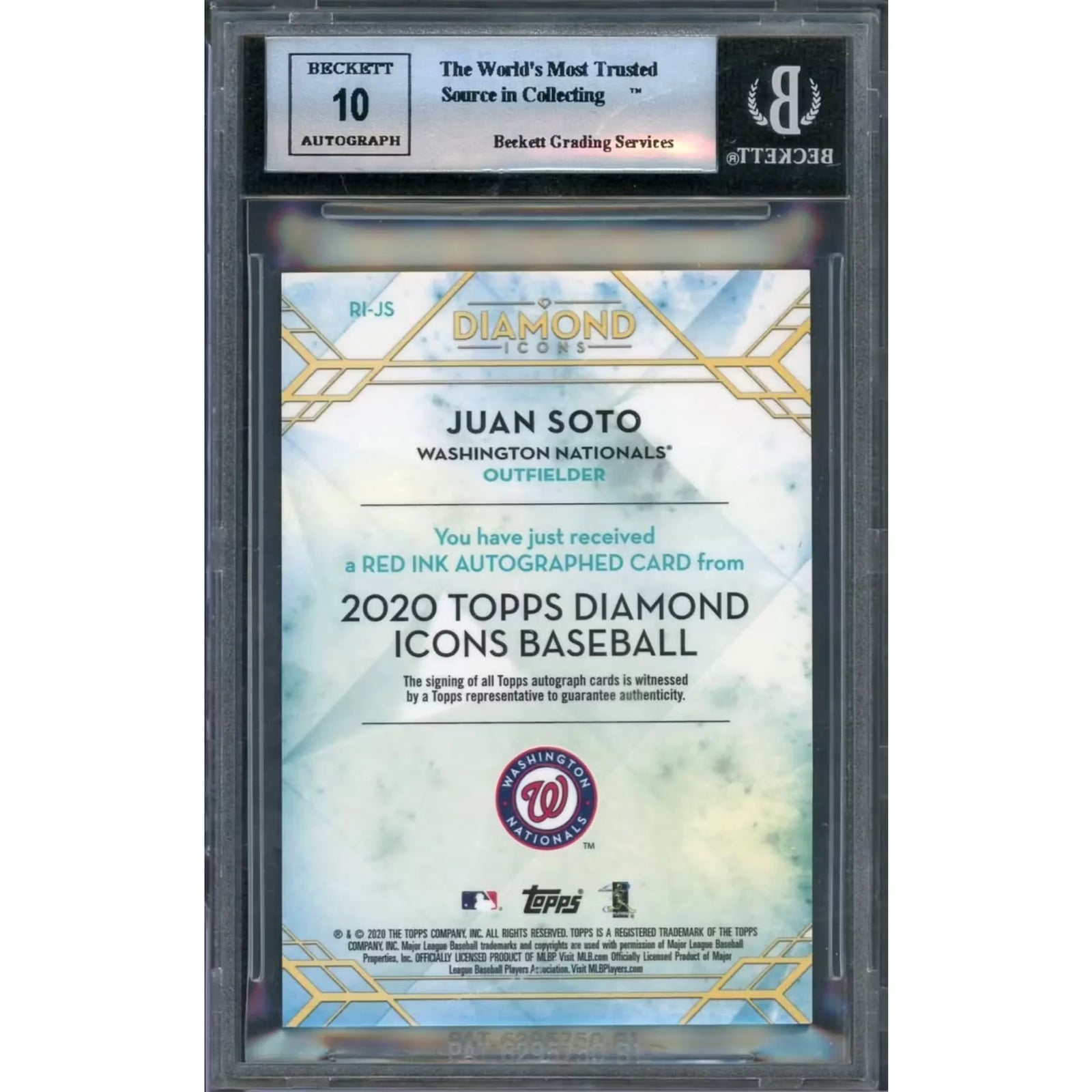 Juan Soto Signed 2020 Topps Diamond Icons Card | Red Ink Auto BGS 9
