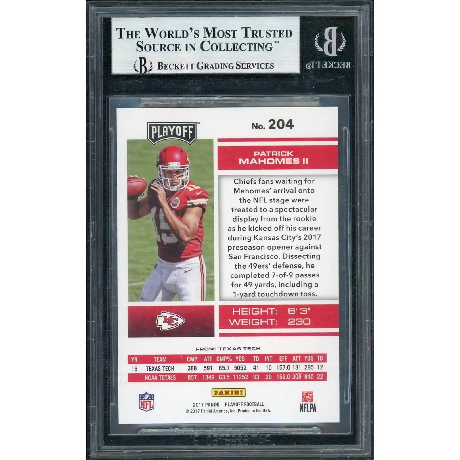 Patrick Mahomes II Signed 2017 Panini Playoff Rookie Card #204 | BGS 9