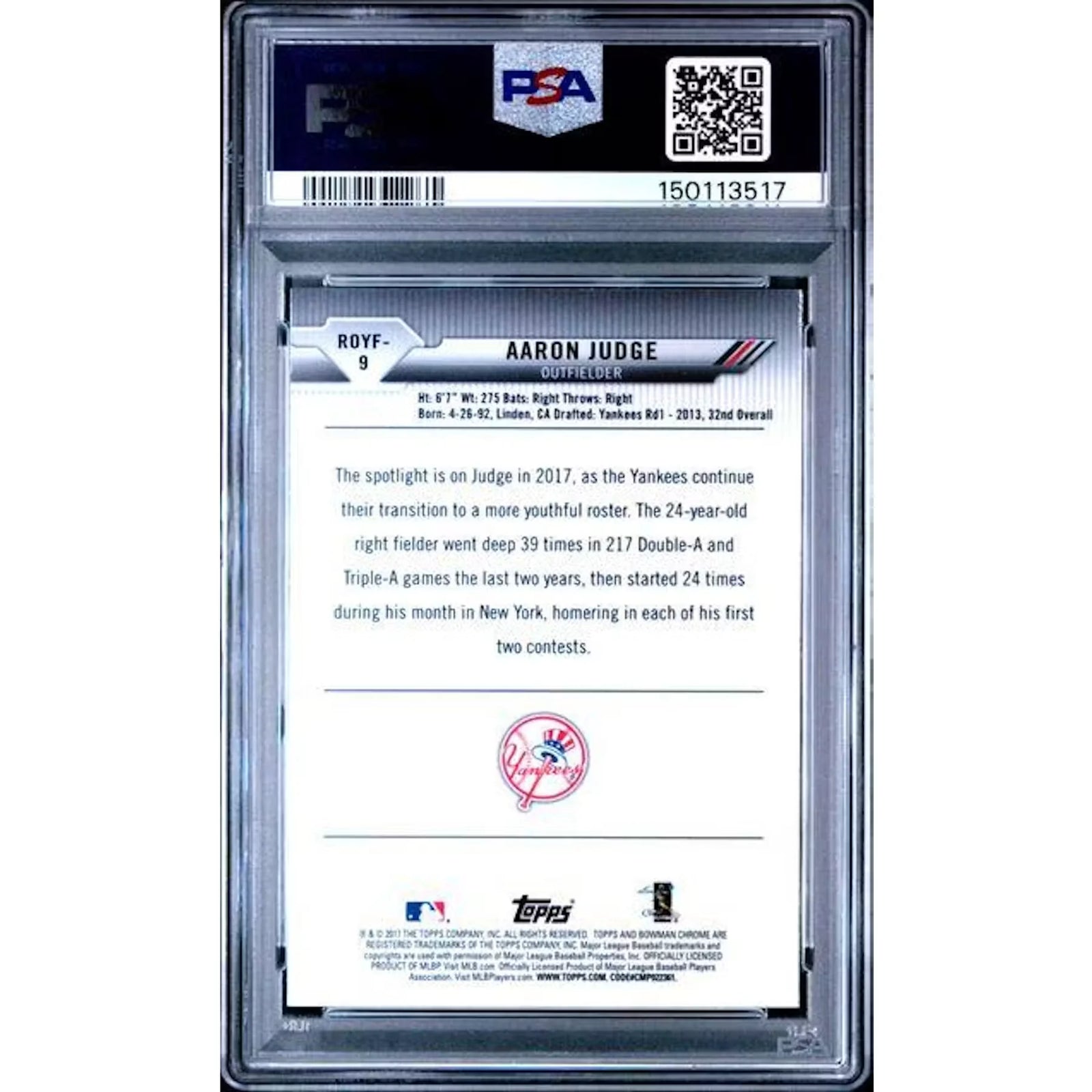 Aaron Judge 2017 Bowman Rookie of the Year Favorites #9 | PSA 10