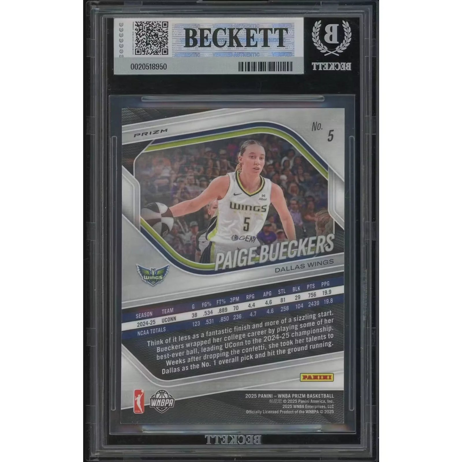 Paige Bueckers 2025 Panini Prizm WNBA Rookie #5 Card | Silver Prizm BGS 9