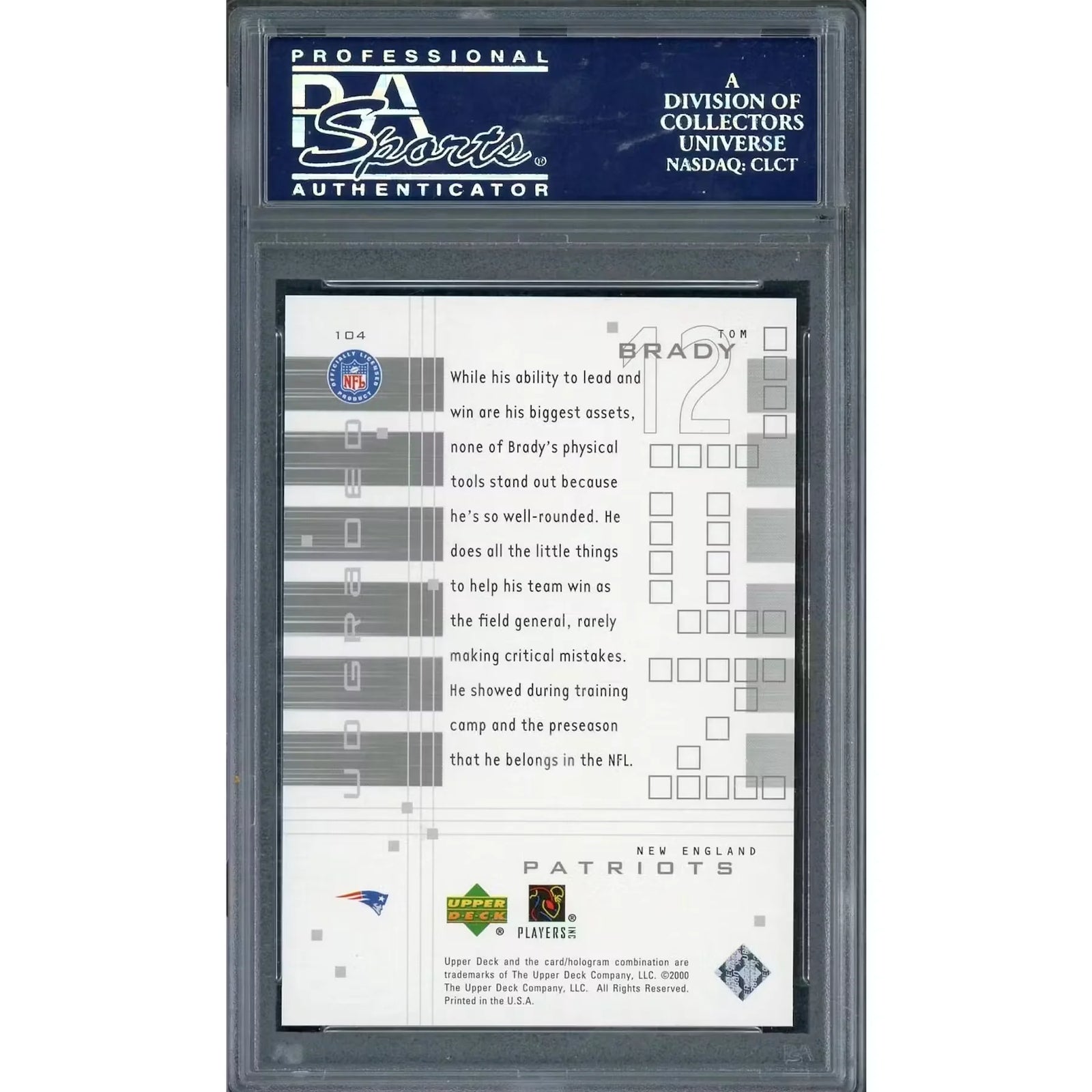 Tom Brady 2000 Upper Deck Rookie Card #104 | PSA 10
