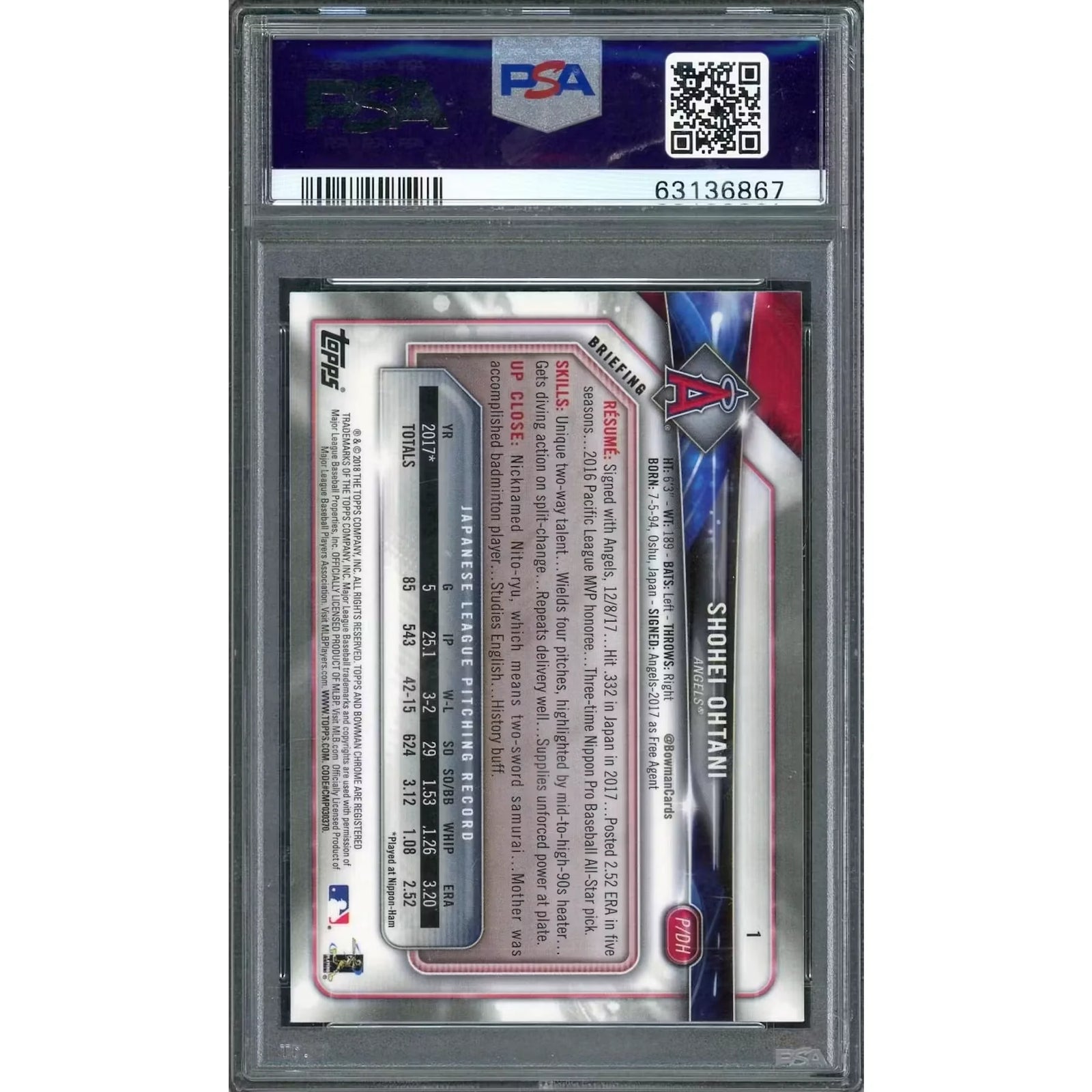Shohei Ohtani 2018 Bowman Chrome Batting Rookie #1 | PSA 9