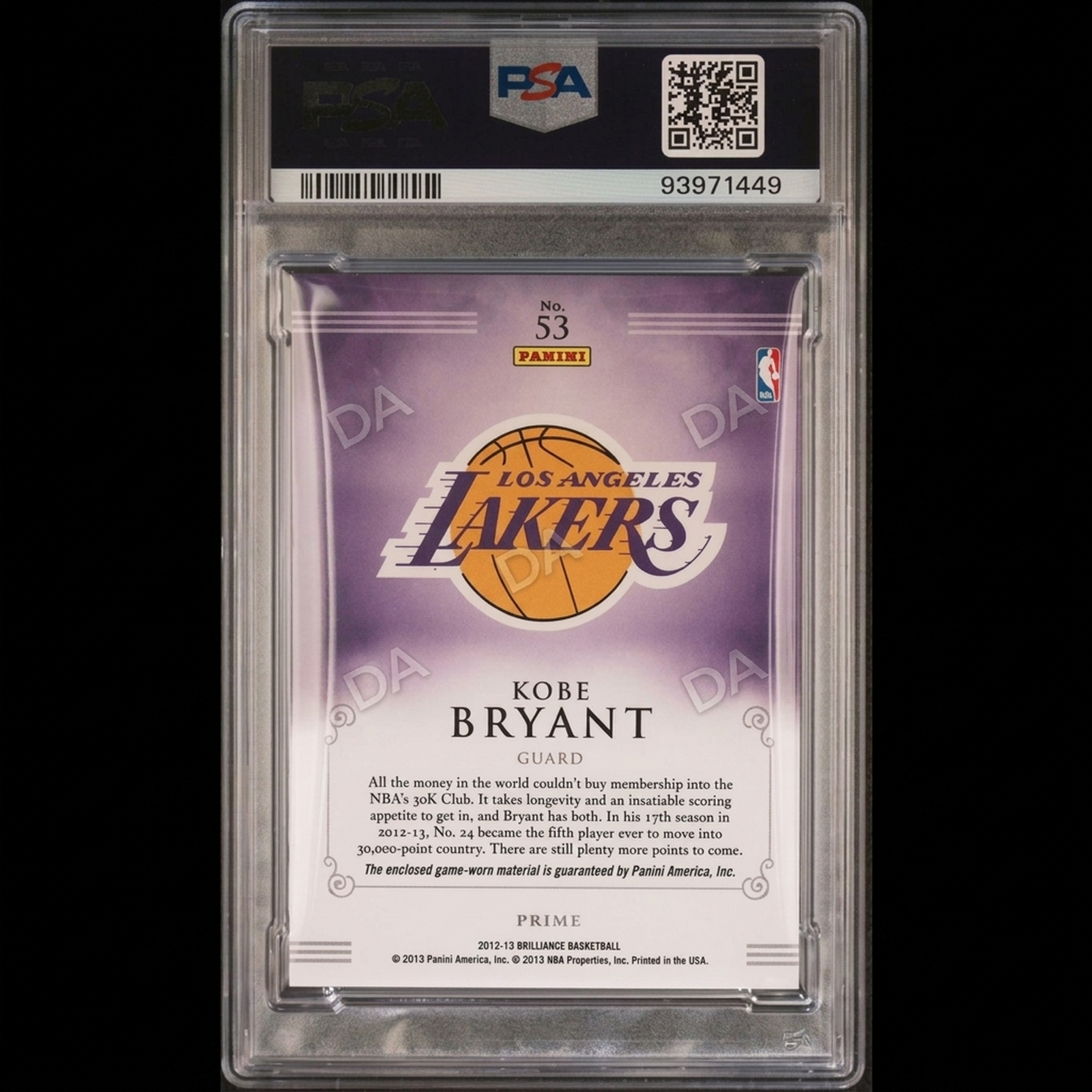 Kobe Bryant Signed 2012 Panini Brilliance Game Time Jersey Patch #53 Card | PSA 8