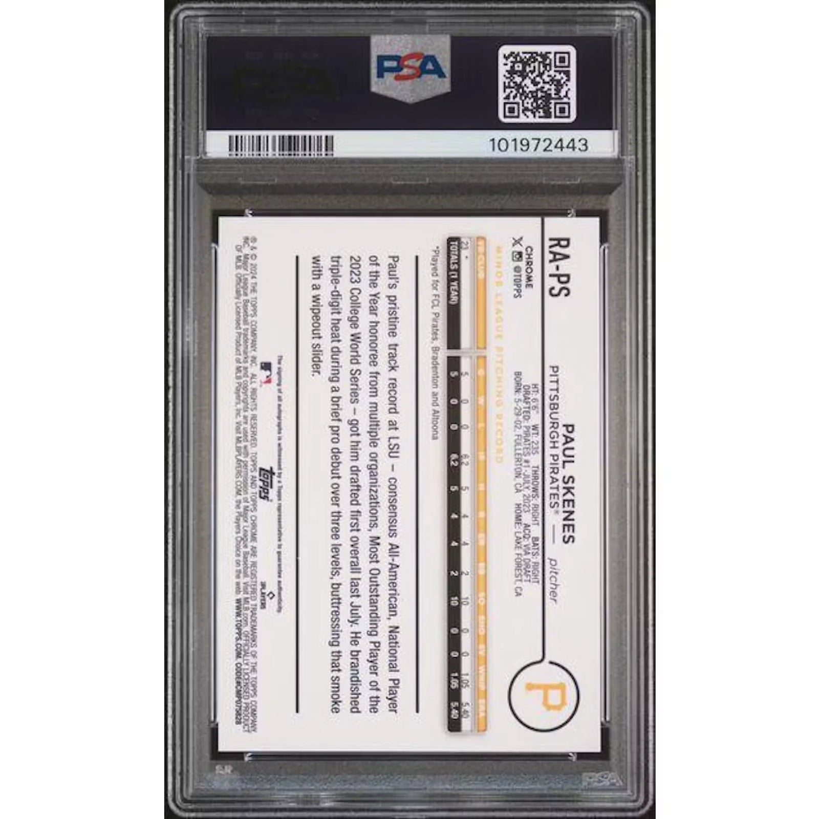 Paul Skenes 2024 Topps Chrome Update Rookie Auto | PSA 10 Green Refractor/99