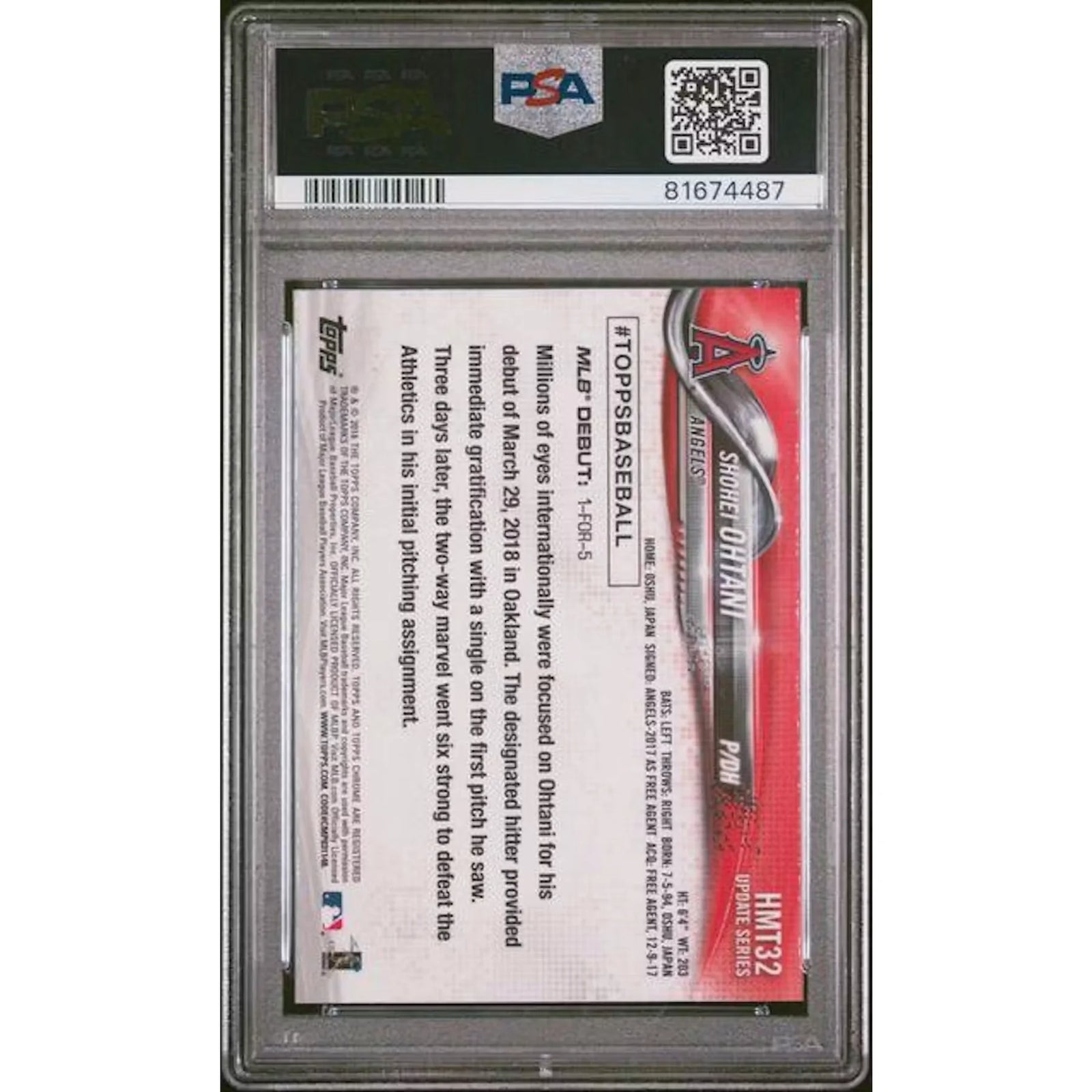 Shohei Ohtani 2018 Topps Chrome Rookie Debut #HMT32 | PSA 10