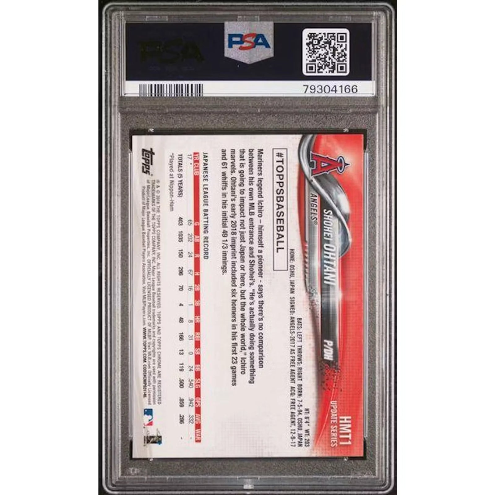 2018 Topps Chrome Update Shohei Ohtani Rookie #HMT1 PSA 10 - D2