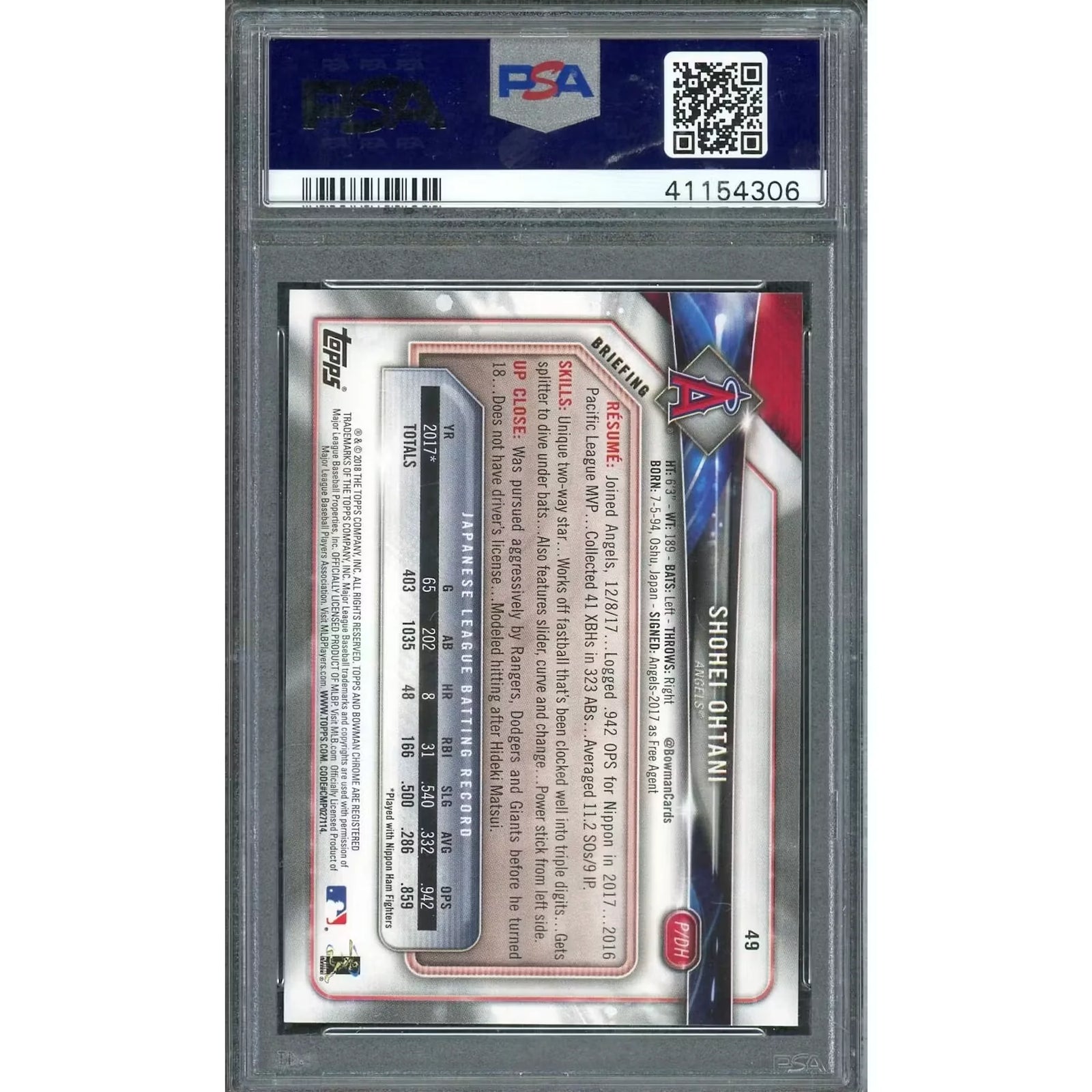 Shohei Ohtani 2018 Bowman Rookie Card #49 | PSA 10