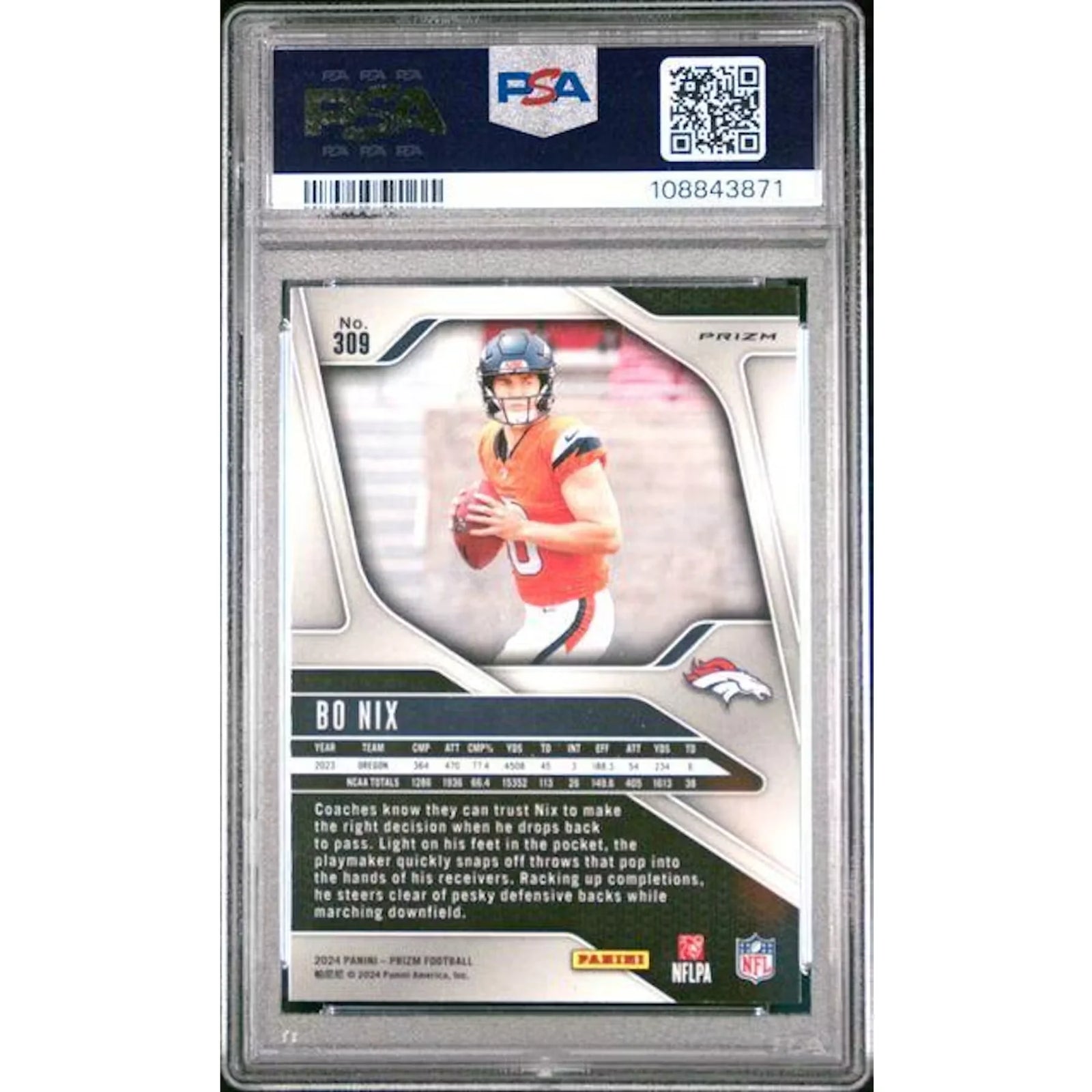 Bo Nix 2024 Panini Prizm Silver Prizm Rookie #309 | PSA 10