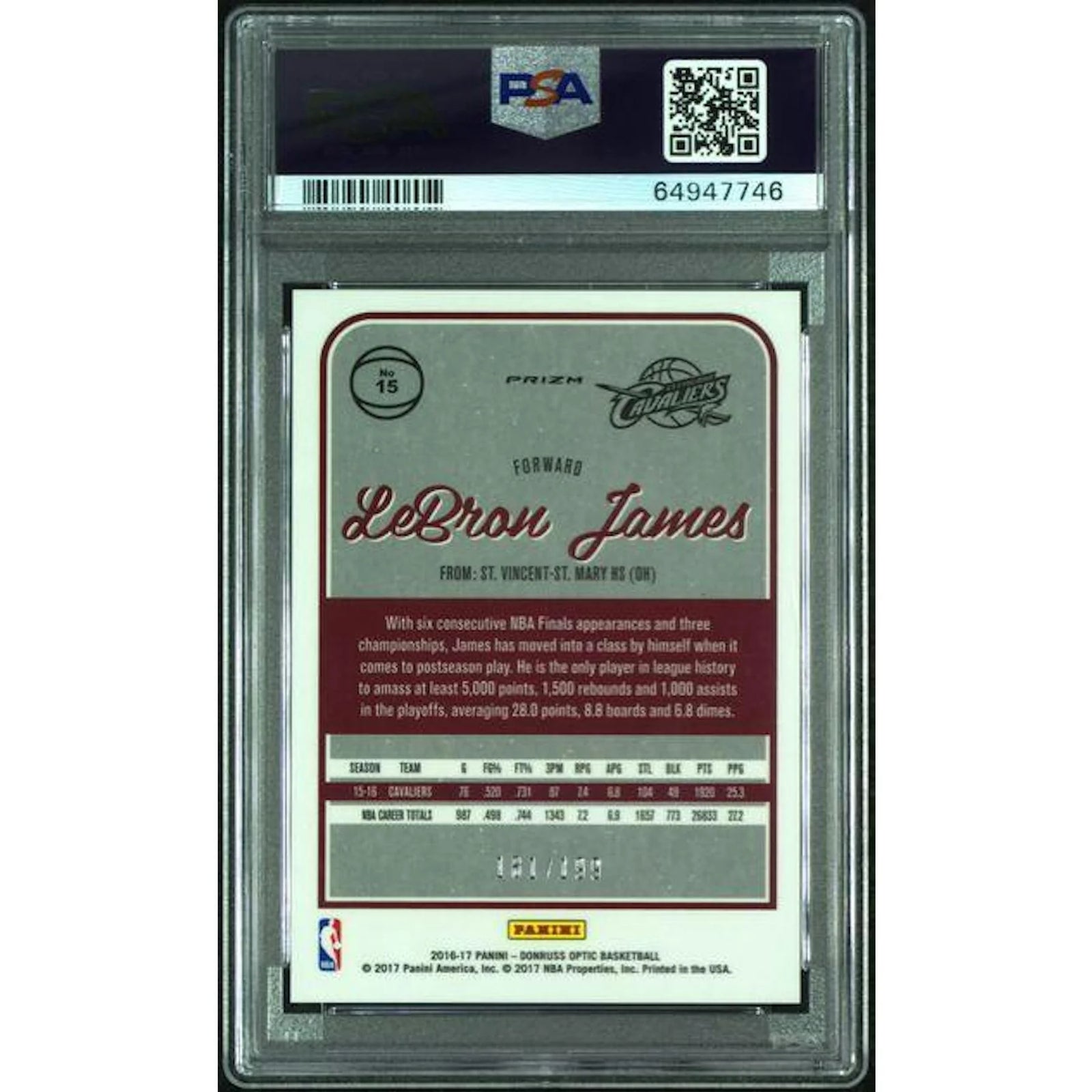 LeBron James 2016-17 Panini Donruss Optic Orange #15 Card | PSA 9