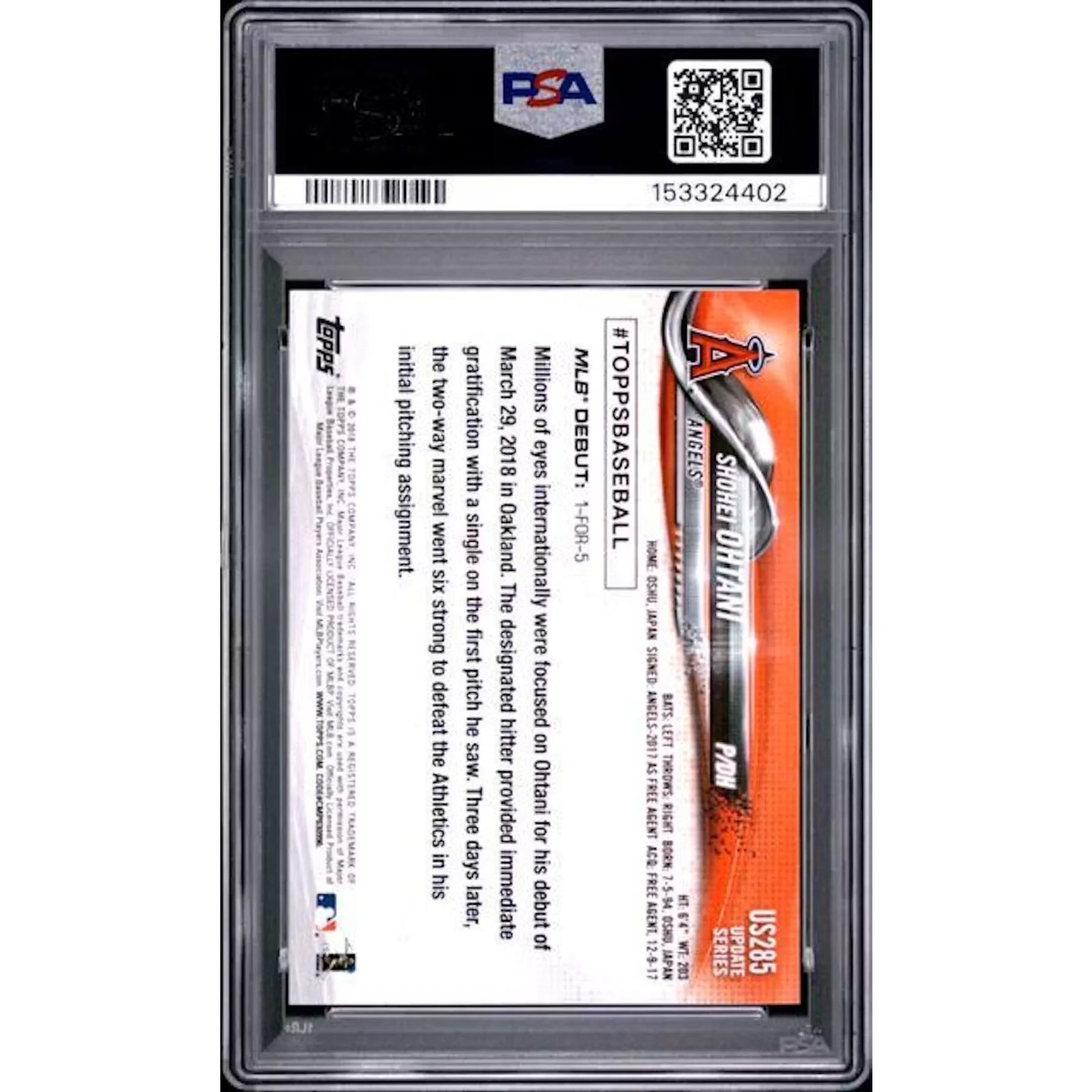 Shohei Ohtani 2018 Topps Update Rookie Card #US285 | PSA 10