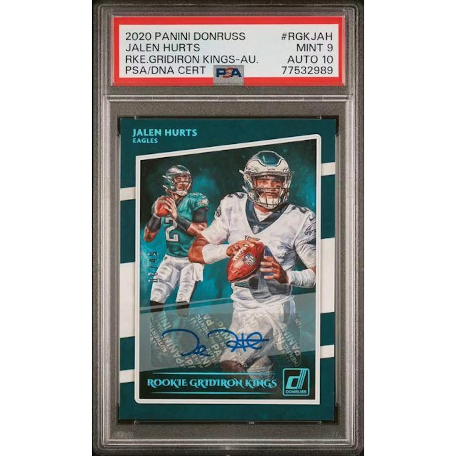 Jalen Hurts Signed 2020 Panini Donruss Rookie Card | Gridiron Kings Auto PSA 9