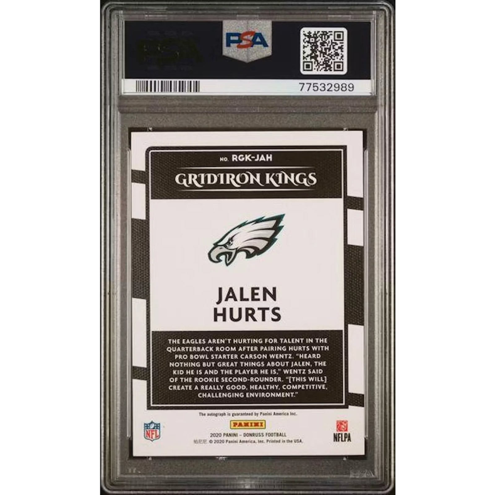 Jalen Hurts Signed 2020 Panini Donruss Rookie Card | Gridiron Kings Auto PSA 9