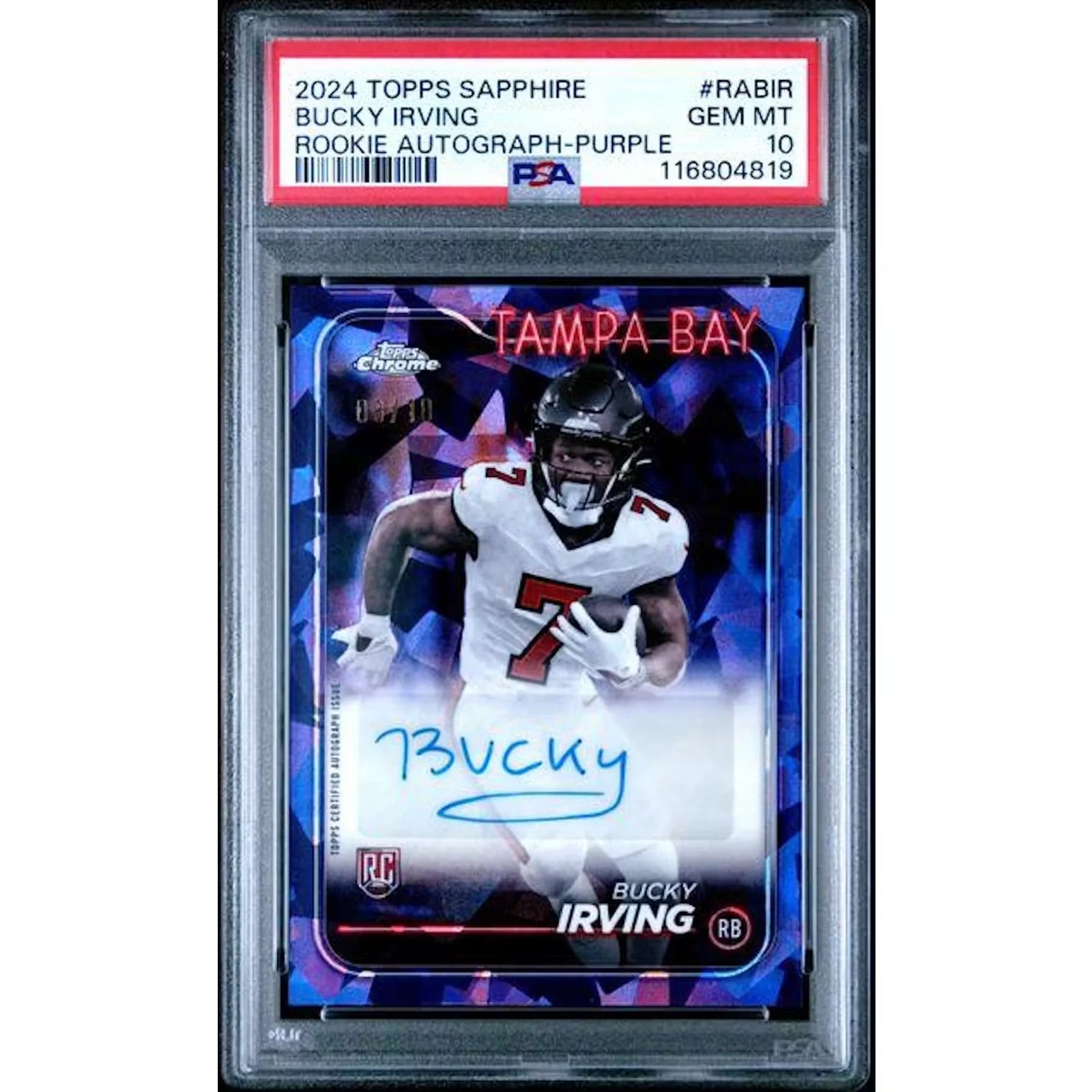 Bucky Irving 2024 Topps Chrome Sapphire Rookie Auto | Purple Variation PSA 10