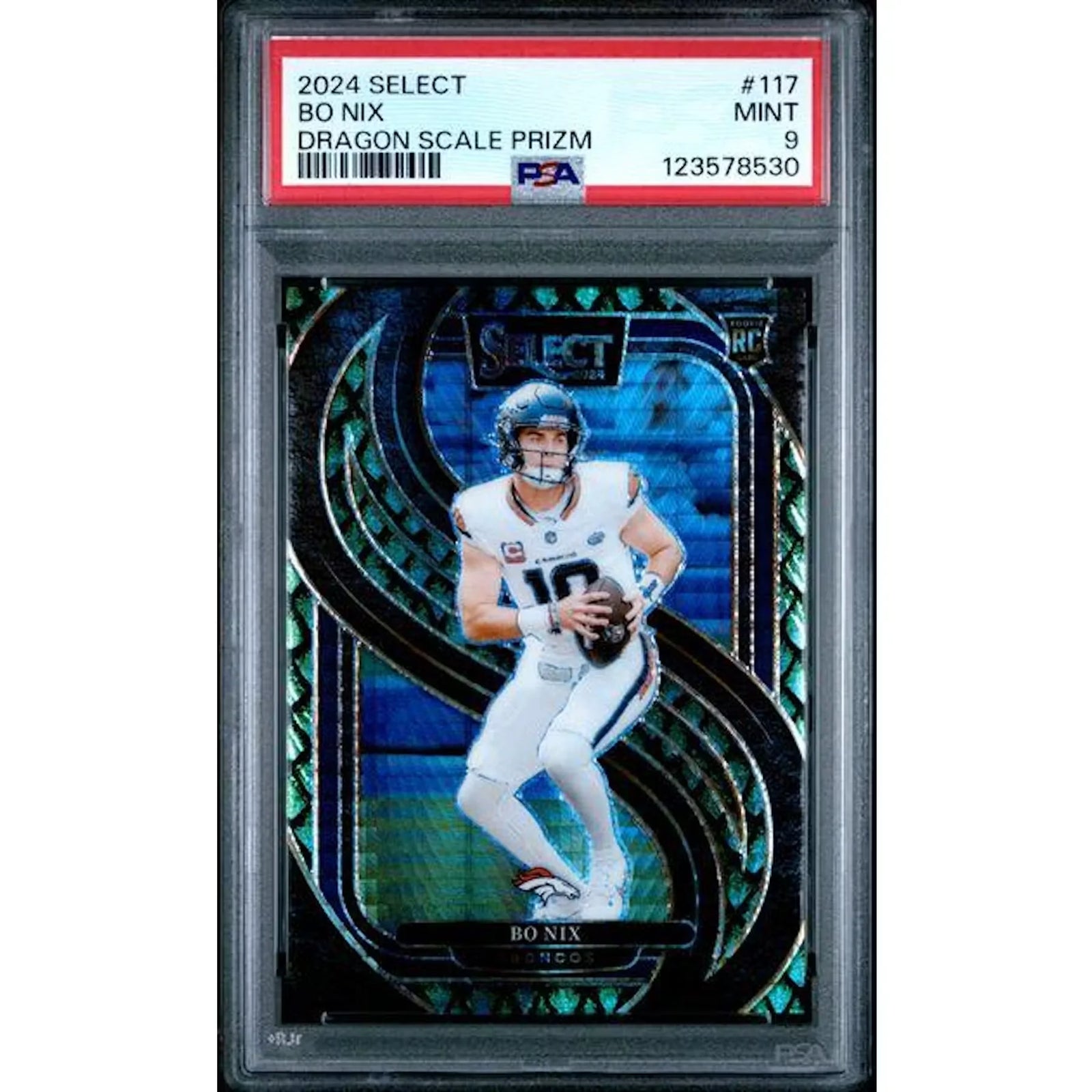 Bo Nix 2024 Panini Select Dragon Scale Prizm Rookie Card #117 | PSA 9