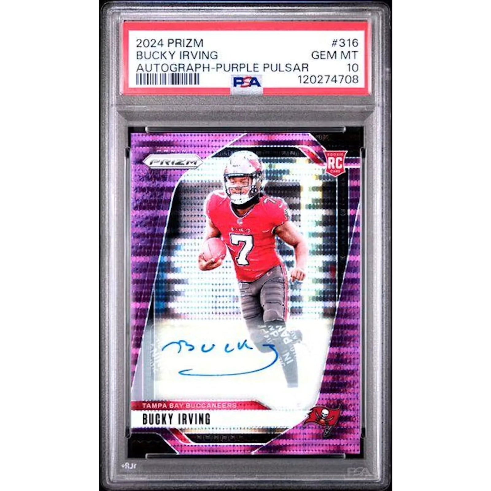 Bucky Irving 2024 Panini Prizm Purple Pulsar Rookie Auto #316 | PSA 10