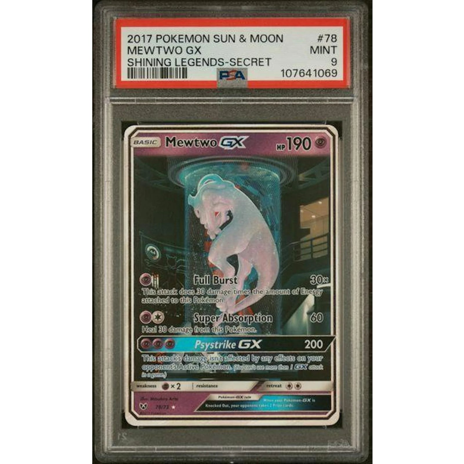 Mewtwo GX Shining Legends Secret #78 2017 Pokemon Card | PSA 9