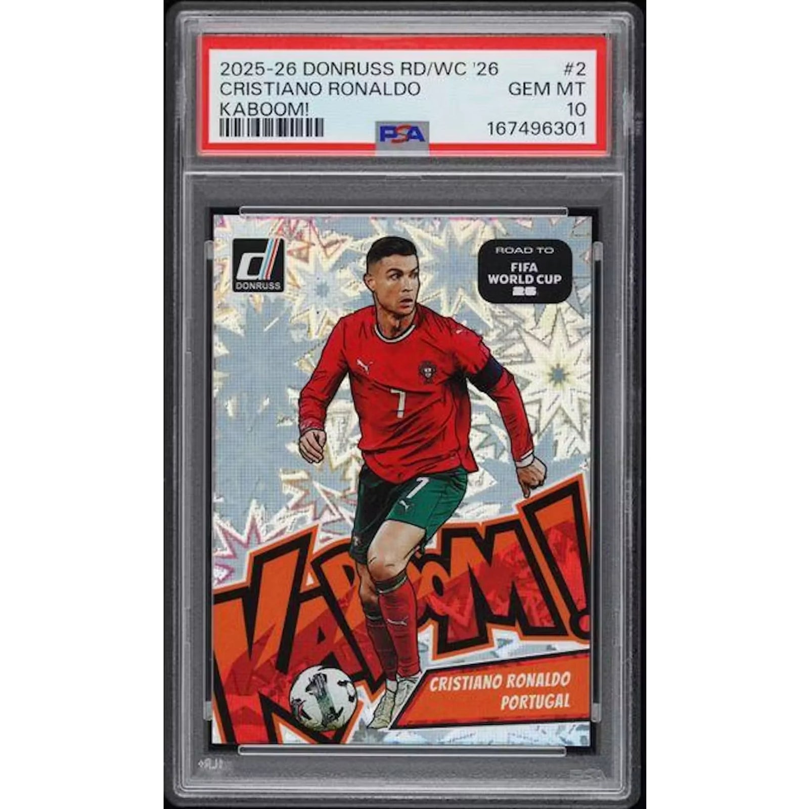 Cristiano Ronaldo Signed 2025-26 Panini Donruss Road to the World Cup Kaboom #2 | PSA 10