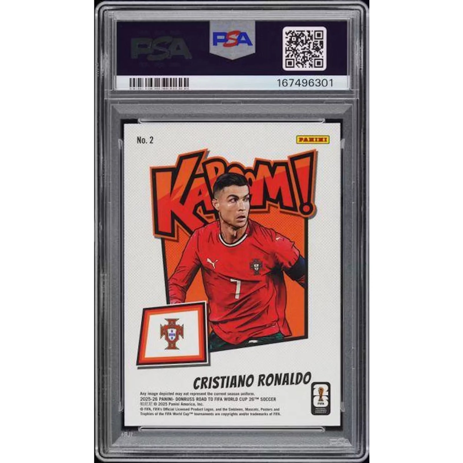 Cristiano Ronaldo Signed 2025-26 Panini Donruss Road to the World Cup Kaboom #2 | PSA 10