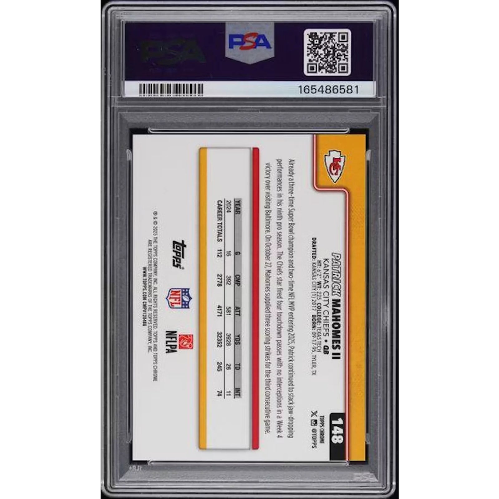 Patrick Mahomes II Signed 2025 Topps Chrome Orange Refractor | PSA 10