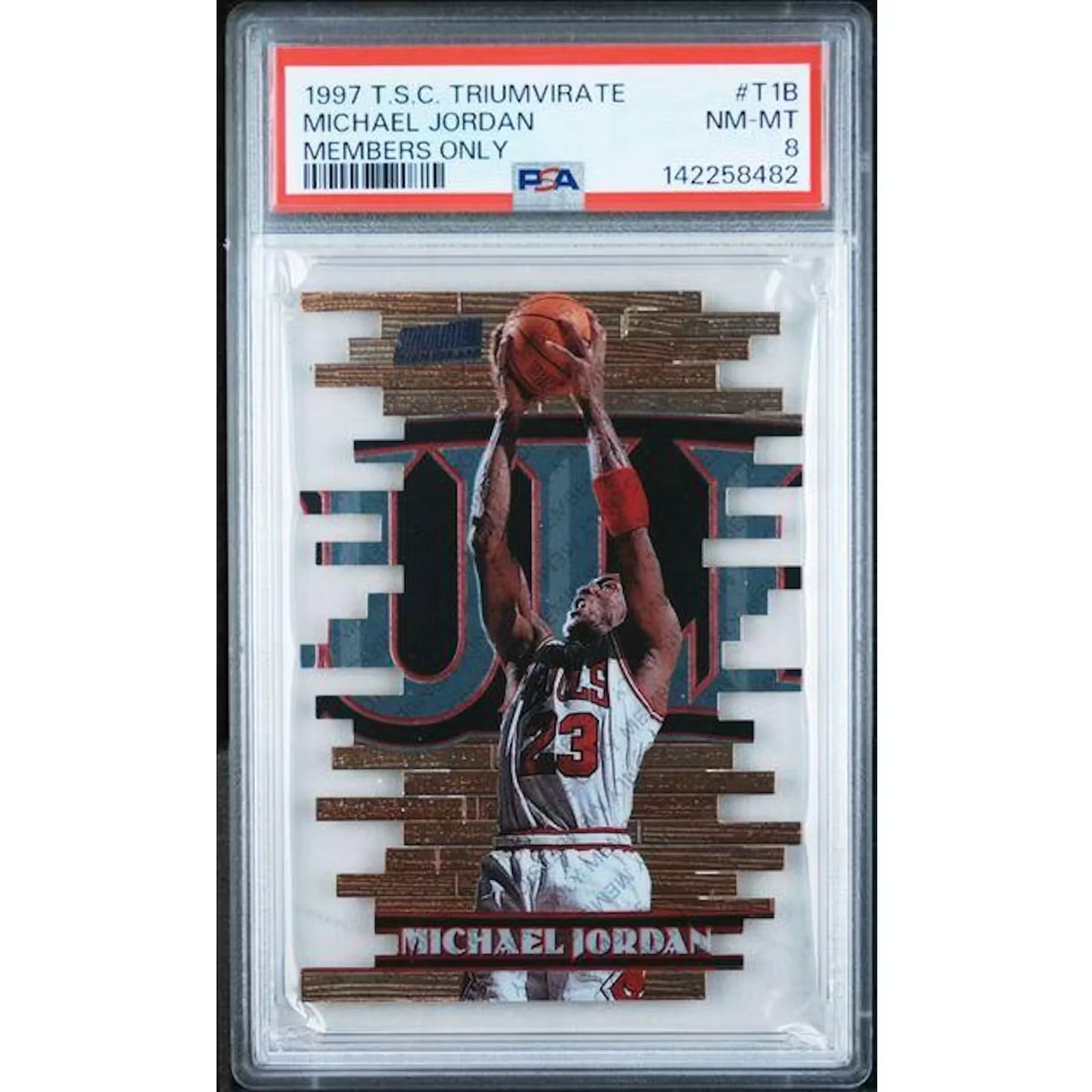 Michael Jordan 1997 Topps Stadium Club Triumvirate #T1B | PSA 8