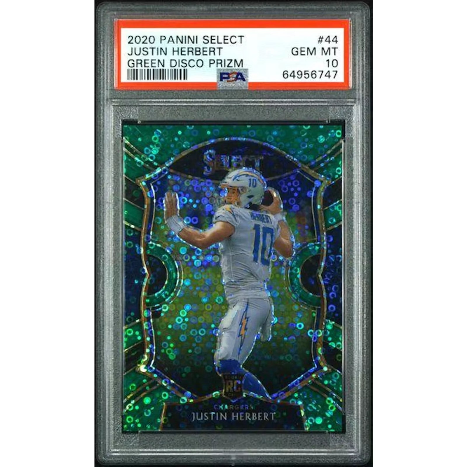 Justin Herbert Signed 2020 Panini Select Green Disco Rookie #44 Card | PSA 10