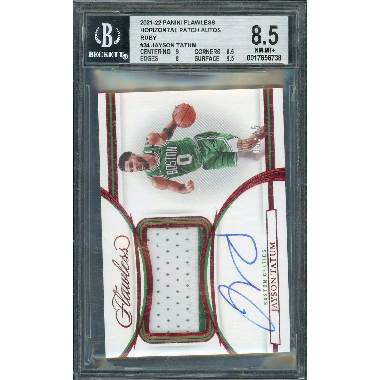 Jayson Tatum Signed 2021-22 Panini Flawless Patch Card | Ruby/15 BGS 8.5