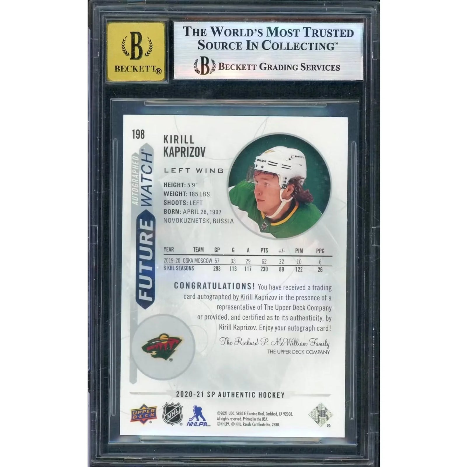 Kirill Kaprizov Signed 2020-21 SP Authentic Future Watch Card | BGS 9 Auto 10