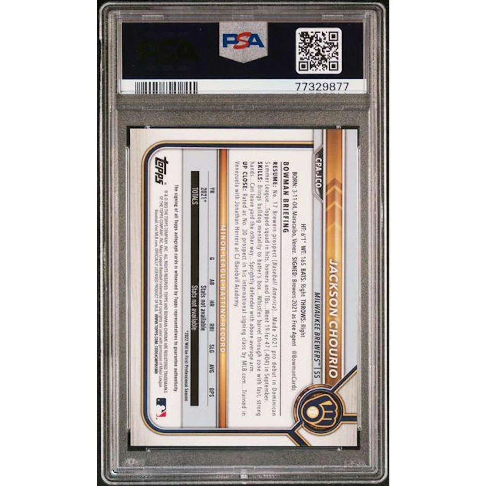 Jackson Chourio Signed 2022 Bowman Chrome Rookie Card | PSA 10