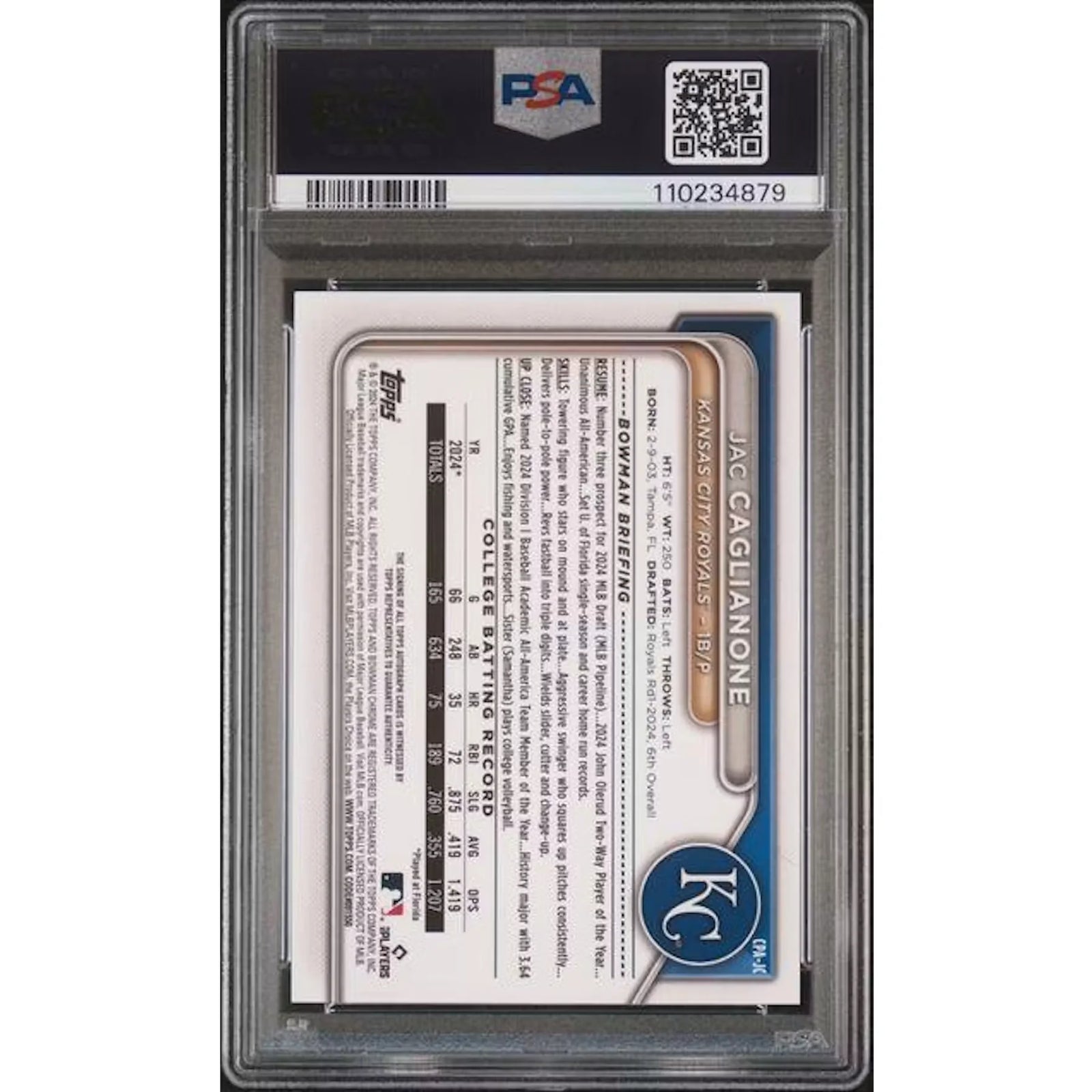Jac Caglianone Signed 2024 Bowman Draft Card | PSA 10 Purple Refractor