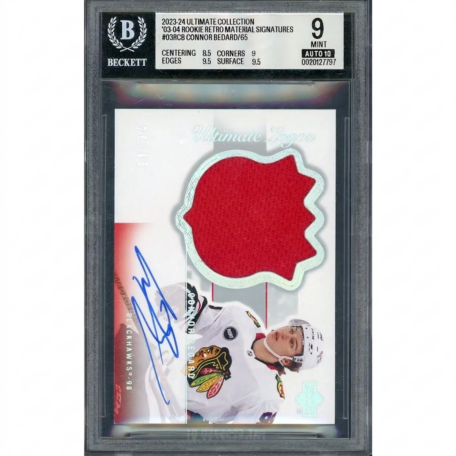 Connor Bedard Signed 2023-24 UD Ultimate Logos Rookie Patch | BGS 9