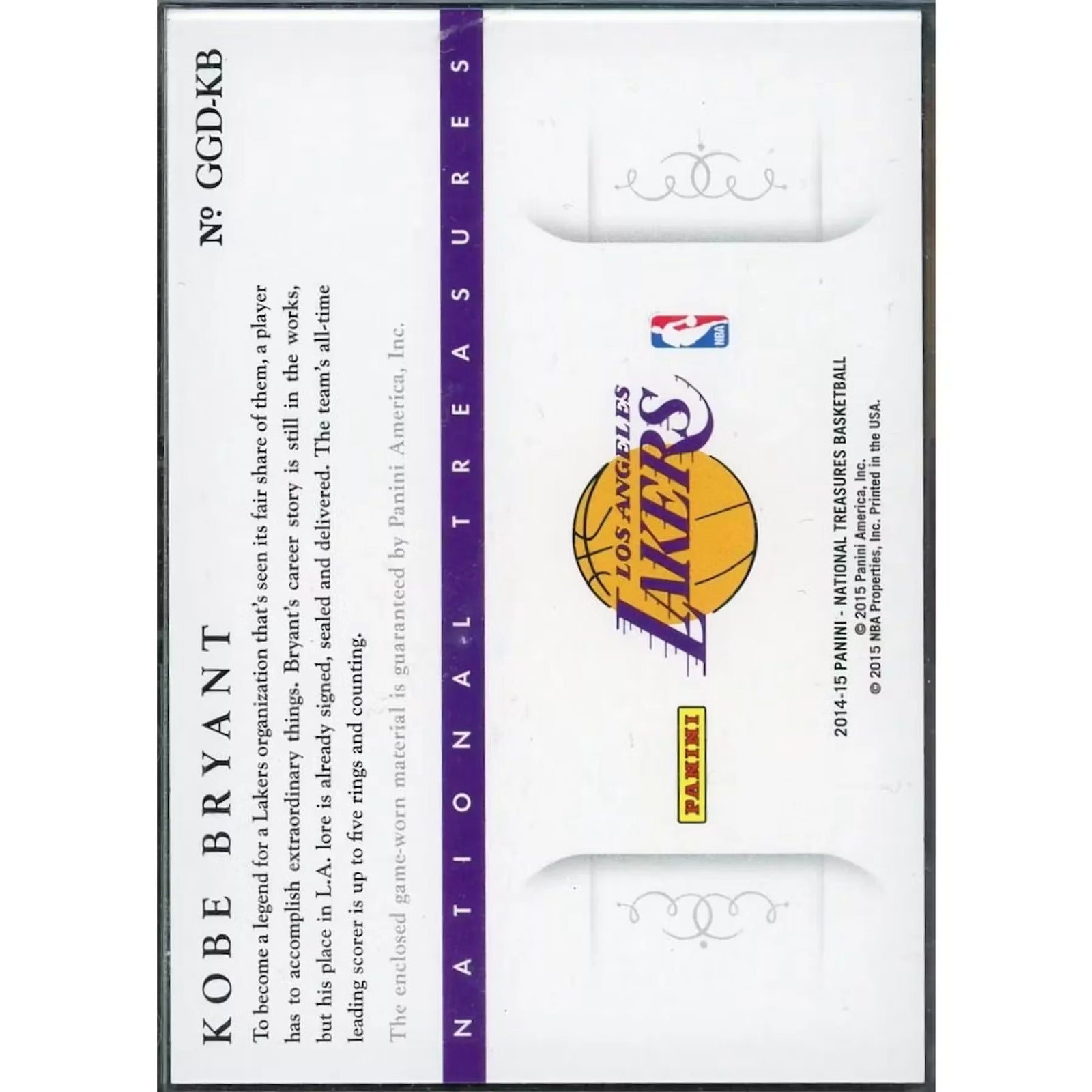 Kobe Bryant 2014 Panini National Treasures Game Gear Card | Dual Patch/99