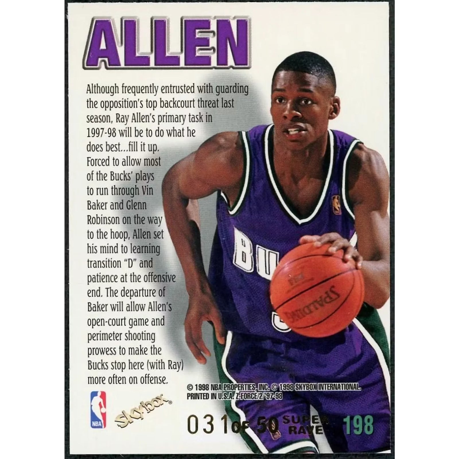 Ray Allen 1997-98 SkyBox Z-Force Zupermen Super Rave #198 | Limited/50