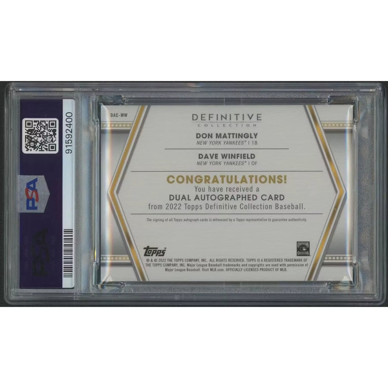 Don Mattingly & Dave Winfield Signed Dual Auto Card | 2022 Topps Definitive Red 1/1 PSA 8