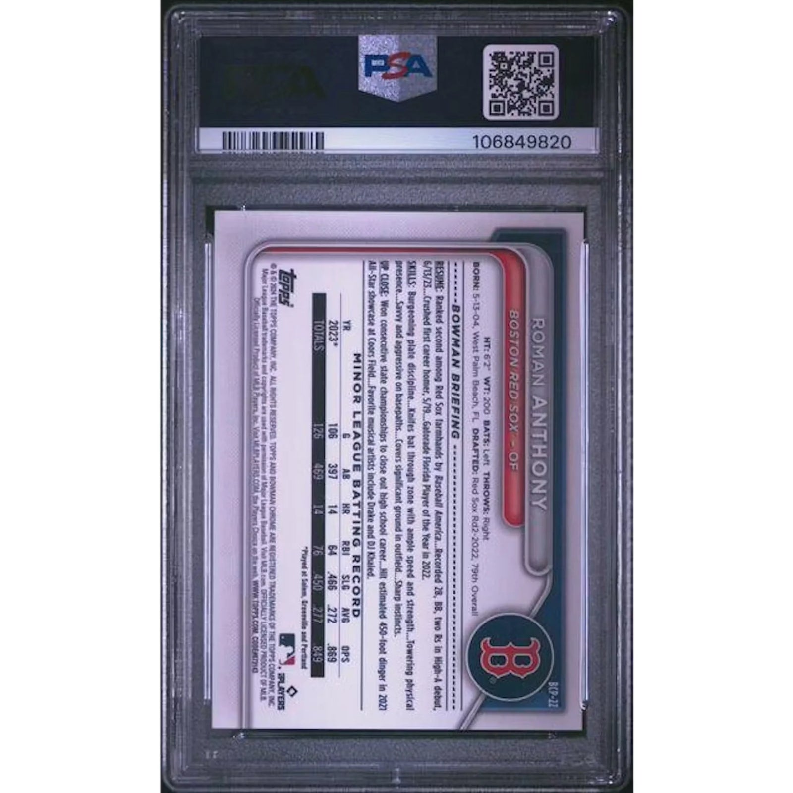 Roman Anthony 2024 Bowman Chrome Black Refractor #BCP-22 | PSA 10